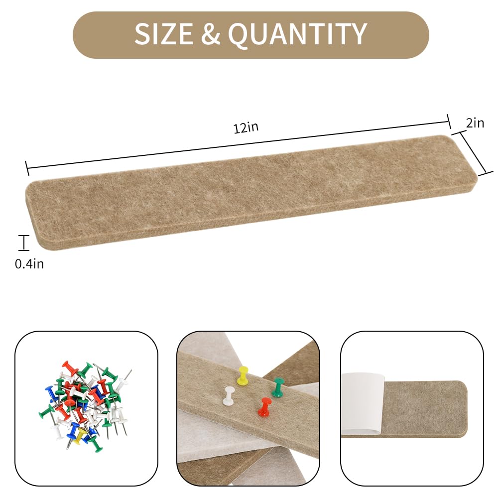 Vuzvuv 8 pcs Bulletin Board Bar Strips with 50 Pushpins & 10 Wooden Clip pins，Self Adhesive Cork Board for Wall，Felt Pin Board for School，Office Decor(Multi-Brown)