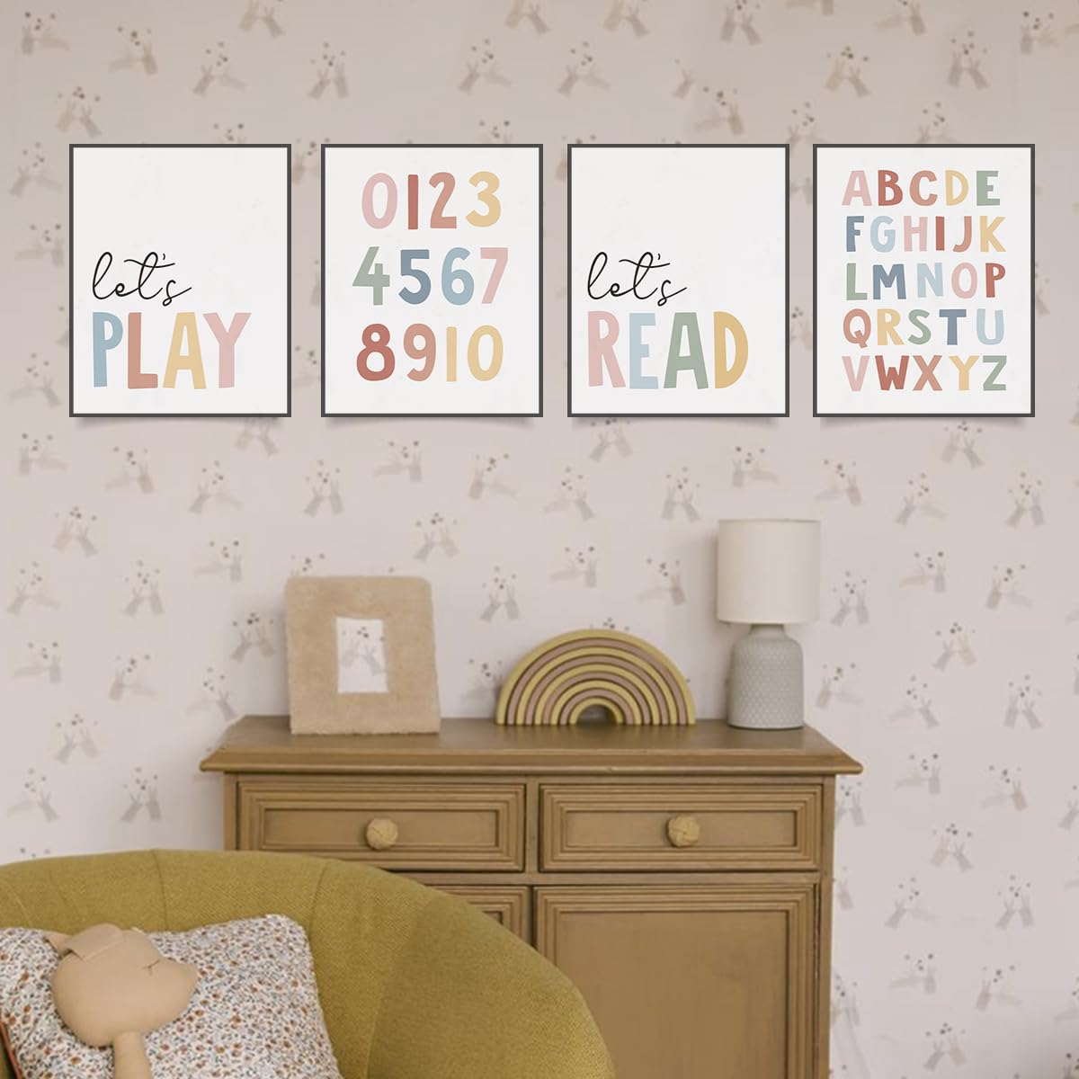 Let's Play Read Wall Art Set of 4，Educational Posters, Montessori Classroom Decor, Neutral Kids Decor,Alphabets Number Prints for Nursery Classroom Kids Room Toddler Playroom,8x10 Inch(Unframed)