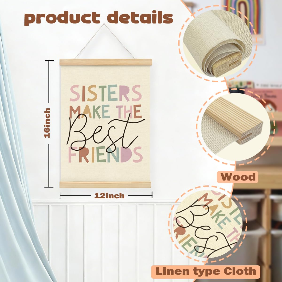 STHTTSW Girls Room Wall Art Decor,Toddler Girl Room Cute Pink Nursery Bedroom Playroom Canvas Banner Decorations,Sisters Make The Best Friends Wall Hanging Poster Wall Art 12x16 Inch