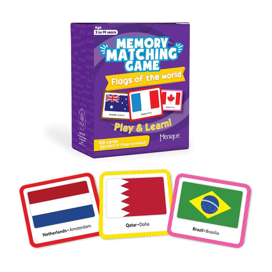 Menique Flags of the World Memory Matching Game – 100 Cards, 50 Countries to Match – Educational & Fun for Kids and Adults – Color-Coded by Continent – Learn Flags, Capitals, and Geography