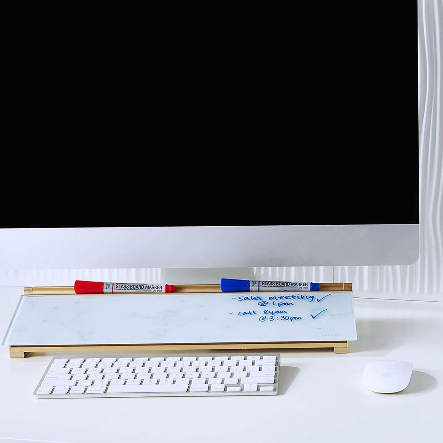 Quartet Glass Dry Erase White Board 18"W x 6"H, Compact Desktop Whiteboard with Storage Drawer, Marble (GDP186M)