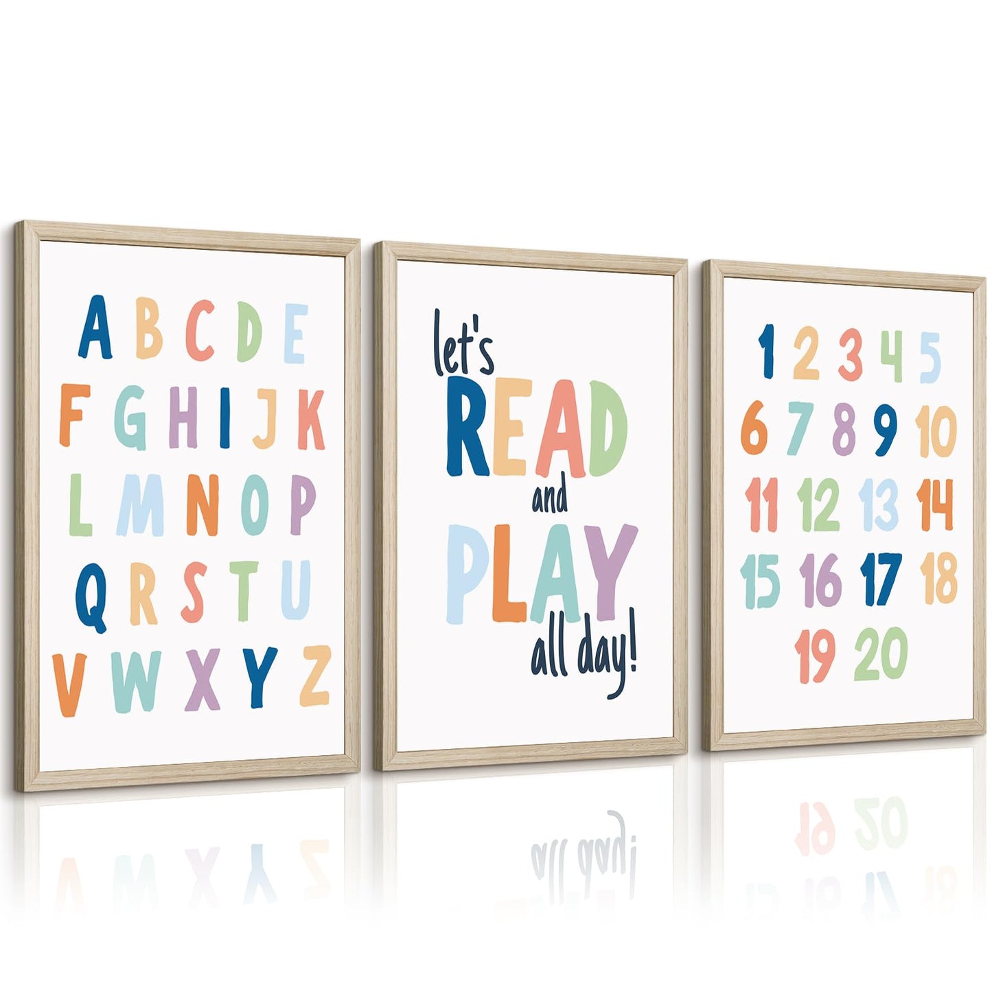 Kids Playroom Wall Art Decor Alphabet Poster Play Room Canvas Wall Decor ABC Nursery Wall Art 123 Toddler Poster Let's Read for Boy Girl Room 12x16 Inch Wood Framed Set of 3