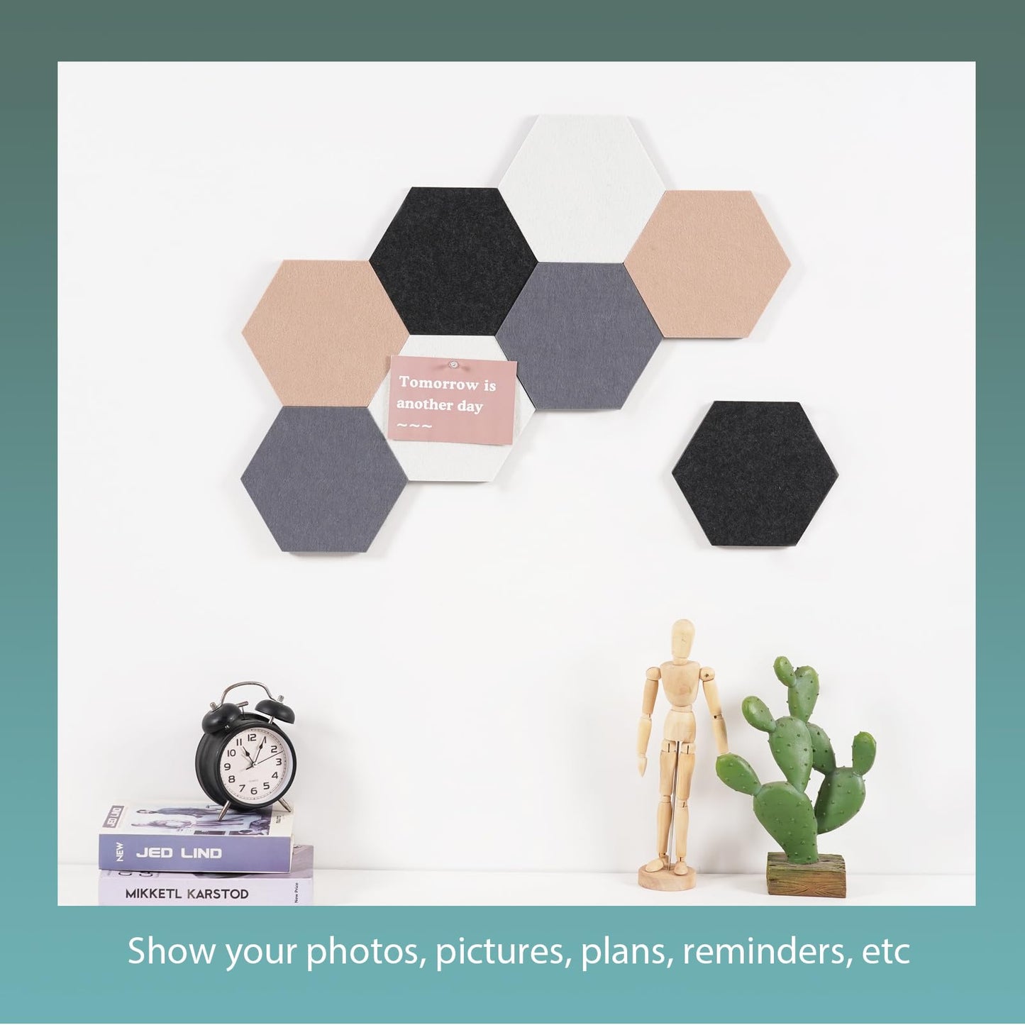 Afumazi Felt Bulletin Board Tiles, 8 Pcs Hexagon Wall Tiles with Removable Adhesive, 7.9×6.9 Inch Cork Pin Board for Classroom, Home, Office (Set C, Middle)
