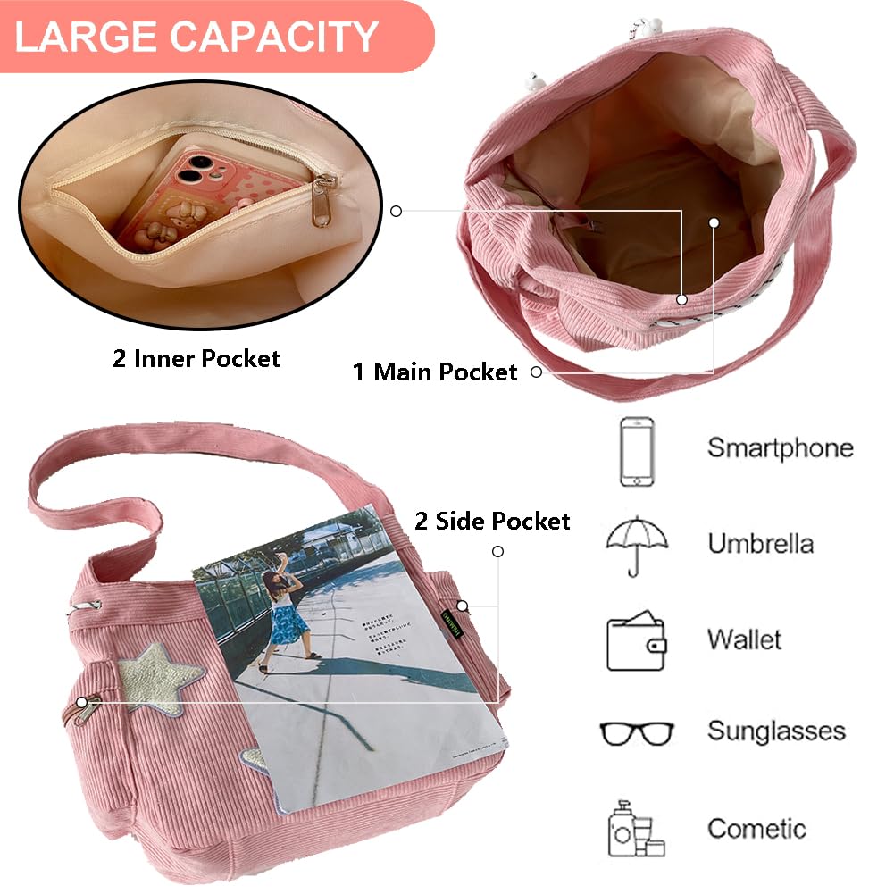 KAMEILONG Star Crossbody Bag Women Corduroy Tote Bag Aesthetic Messenger Bag Cute Shoulder Bag Y2K Hobo Bag (Pink)