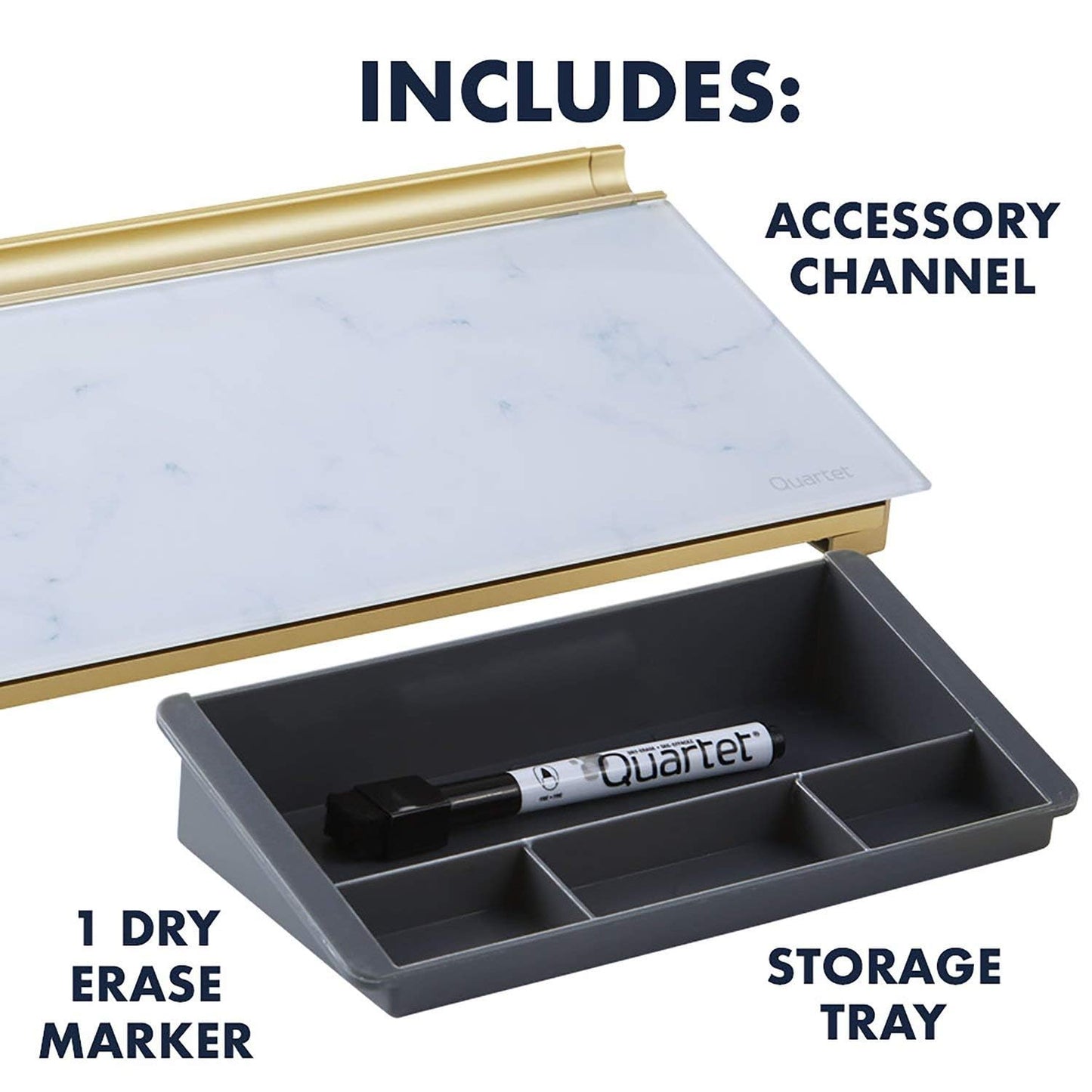 Quartet Glass Dry Erase White Board 18"W x 6"H, Compact Desktop Whiteboard with Storage Drawer, Marble (GDP186M)