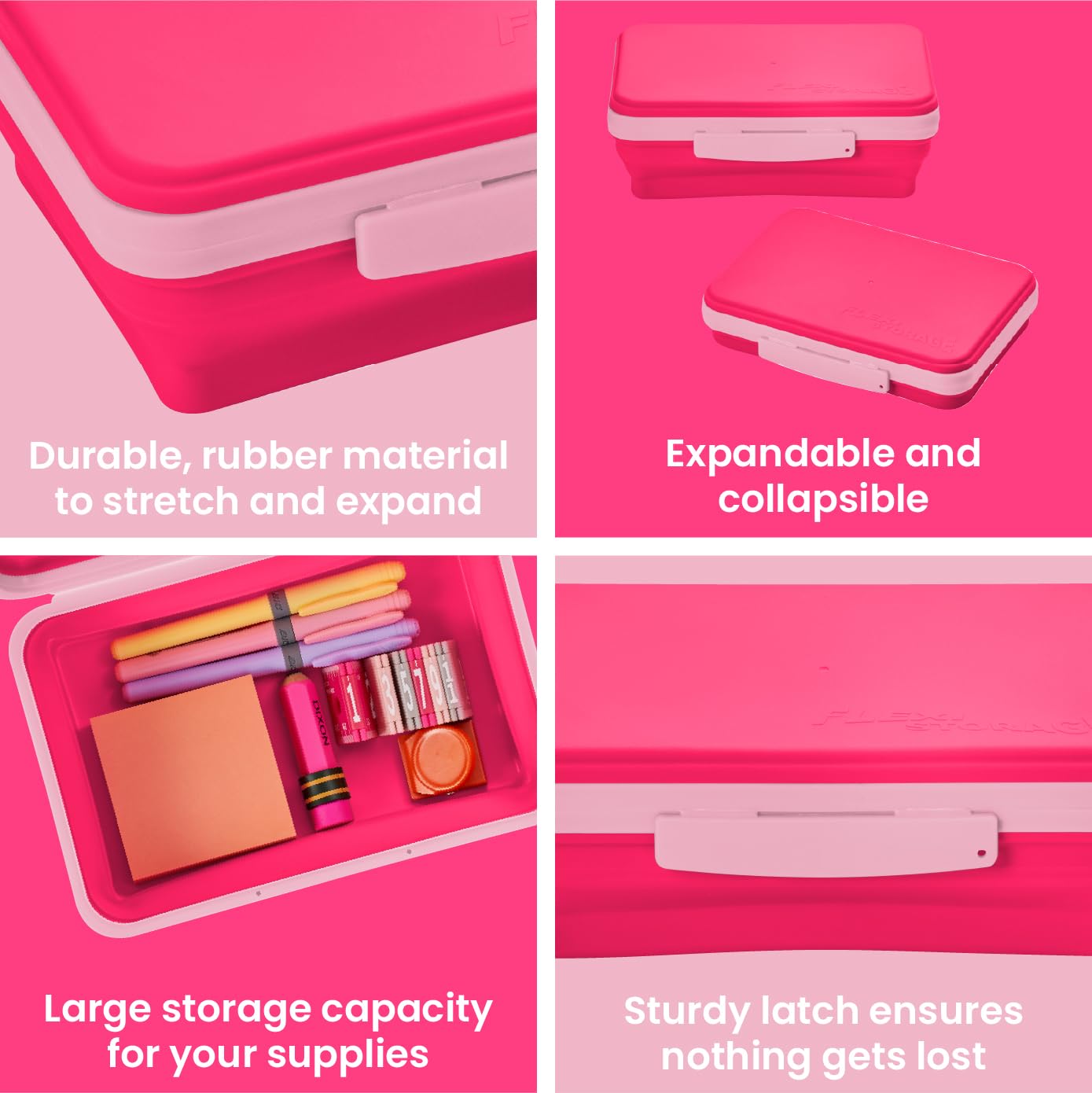 LockerMate by Bostitch Flexi Storage Box with Lid, Collapsible Pencil Case Design for Craft and School Supplies, Pink