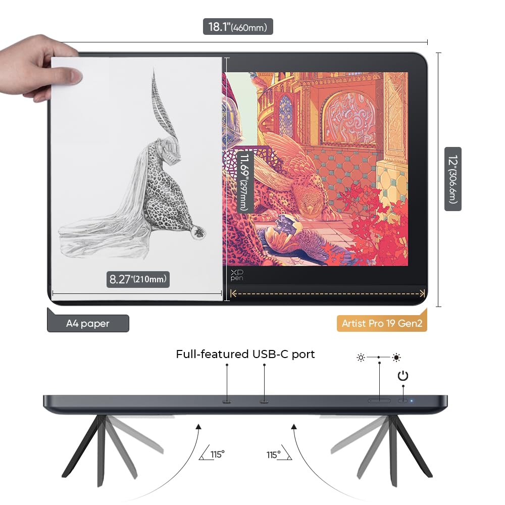 XPPen 4K UHD Artist Pro 19 Gen2 Drawing Tablet with Screen, 156% sRGB Graphic Tablet with 1.07 Billion Colors Anti-Glare Drawing Monitor with Dual 16384 Pen Pressure Stylus, Mini Keydial, 18.4"