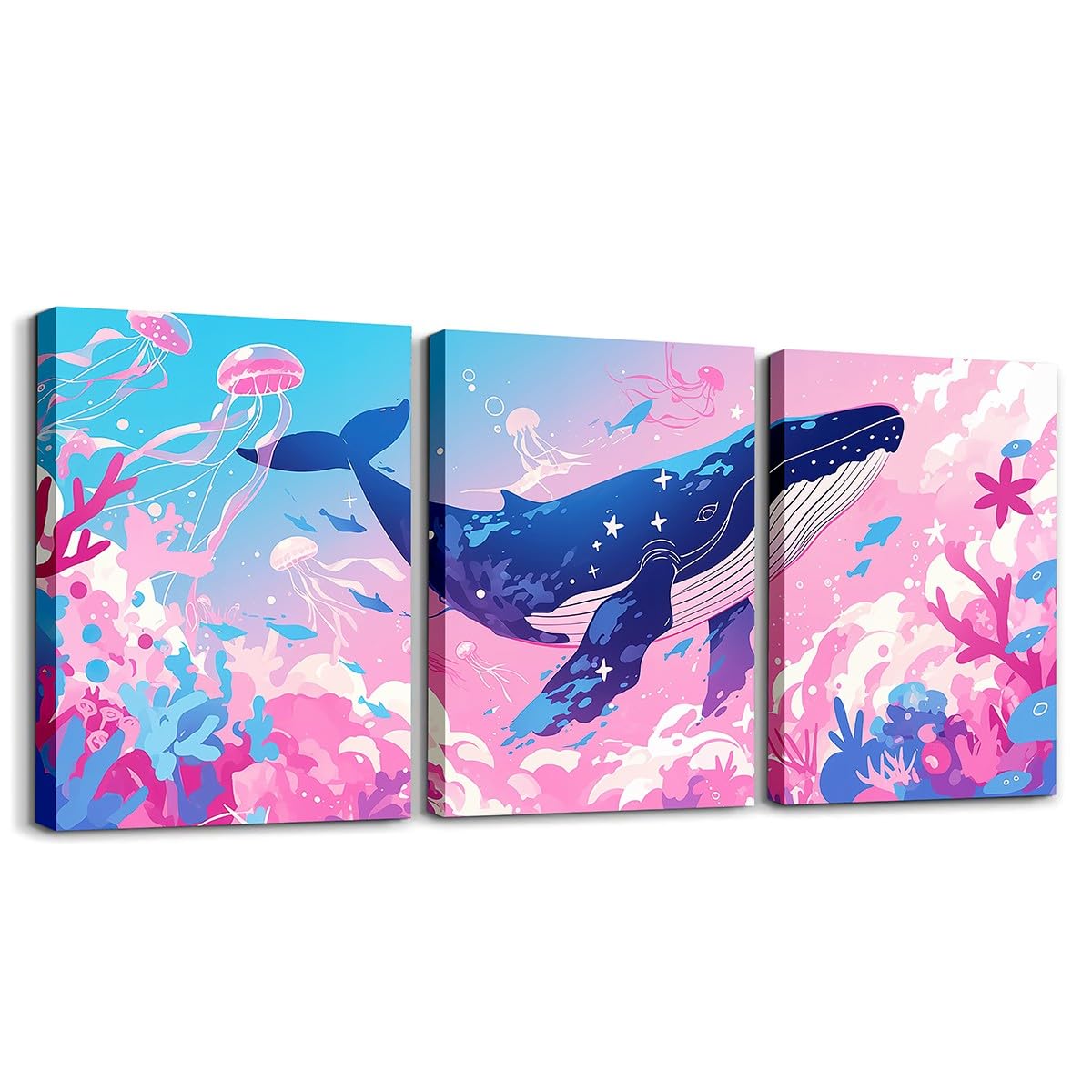 Feelyou Pretty Whale 3 Piece Canvas Wall Art for Living Room Bedroom Pink Blue Ocean Wall Art for Home Decor Jellyfish Office Wall Decor Dreamy Ocean Wall Painting