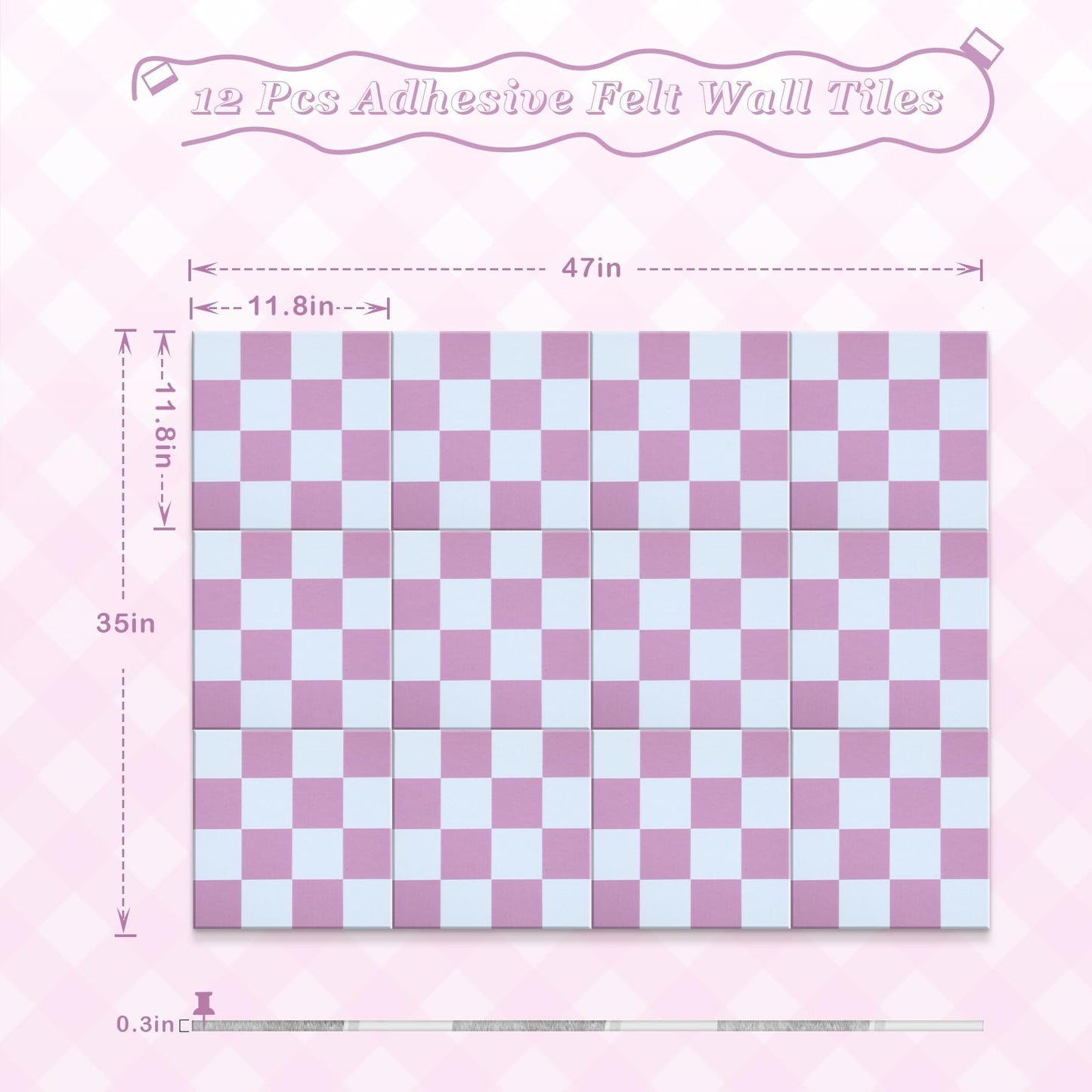 Geyoga 12 Pcs Felt Bulletin Board Tiles for Wall Classroom 12 x 12 Inch Checkered Classroom Wallpaper Backdrop Decor Racing Acoustic Wall Panels Self Adhesive for School Office Home(Pink)