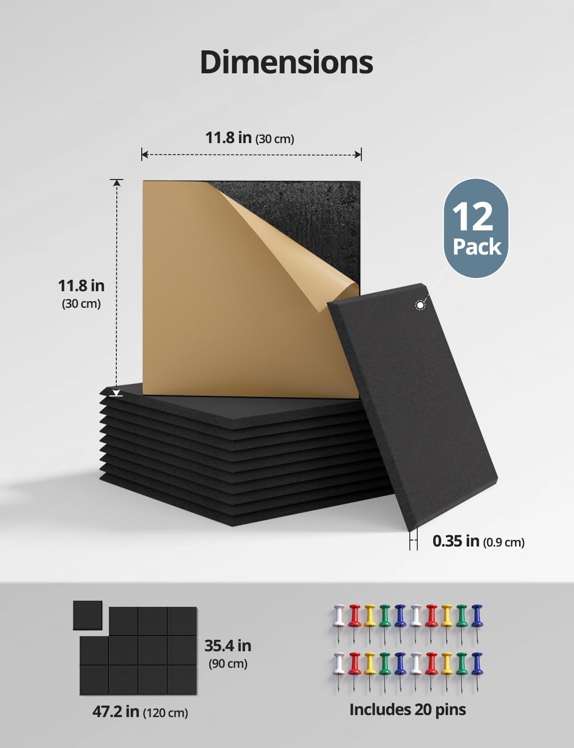 Kuchoow Large Felt Bulletin Cork Board Self-Adhesive Black Squares Pin Wall Tiles, 48'' x 36'' Vision Tack Panels for Classroom Office Display 12 Pack Corkboard for Kitchen Bedroom Home Decor