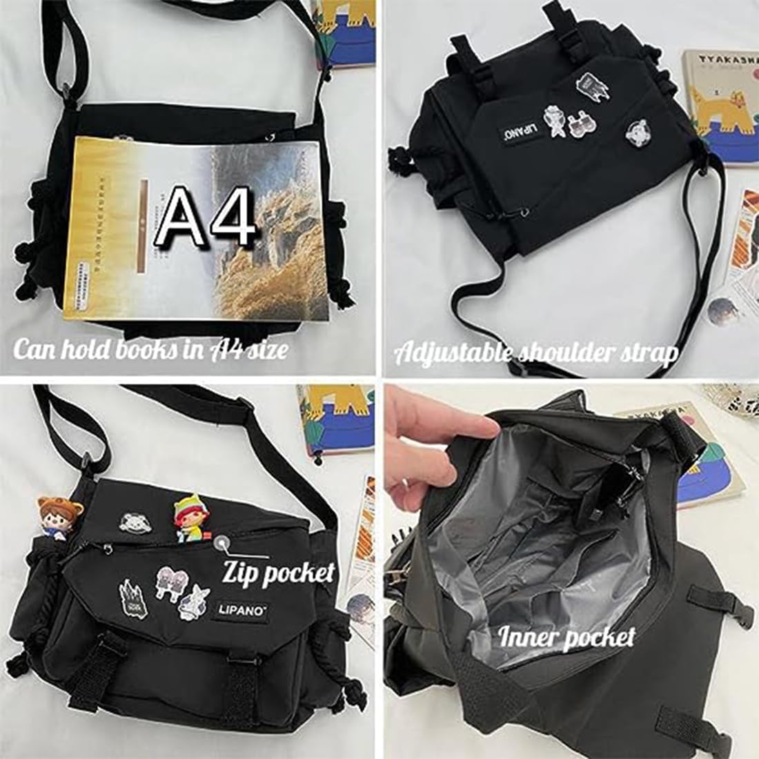 Aesthetic Crossbody laptop Bag, 15.6 Inch laptop messenger bag for women men, Cute Shoulder Bag with Cute Pins and Ornament Black
