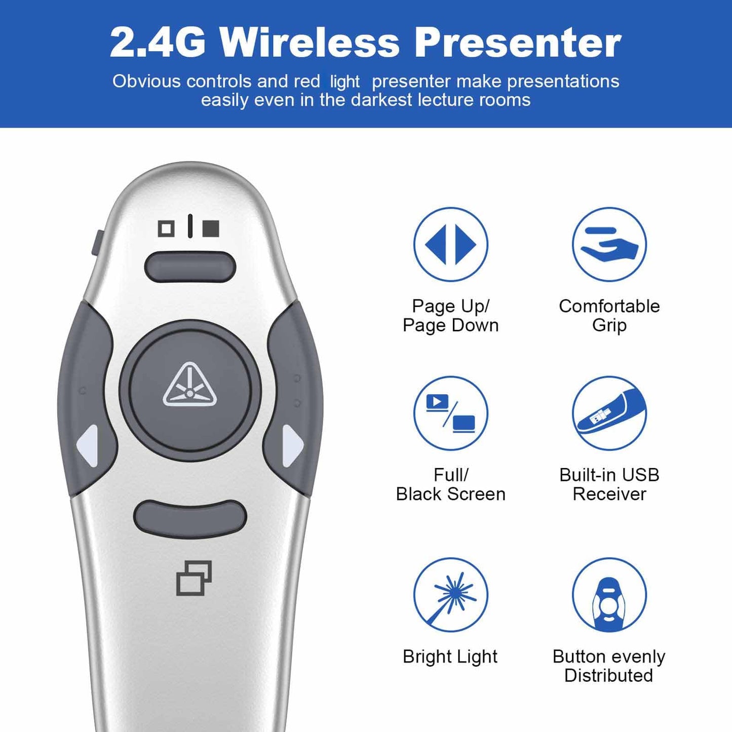 QUI 2 Pack Wireless Presenter PowerPoint Clicker, RF 2.4GHz USB Presentation Clicker for Google Slides, Keynote, Mac, Windows (USB Type-c, Silver)