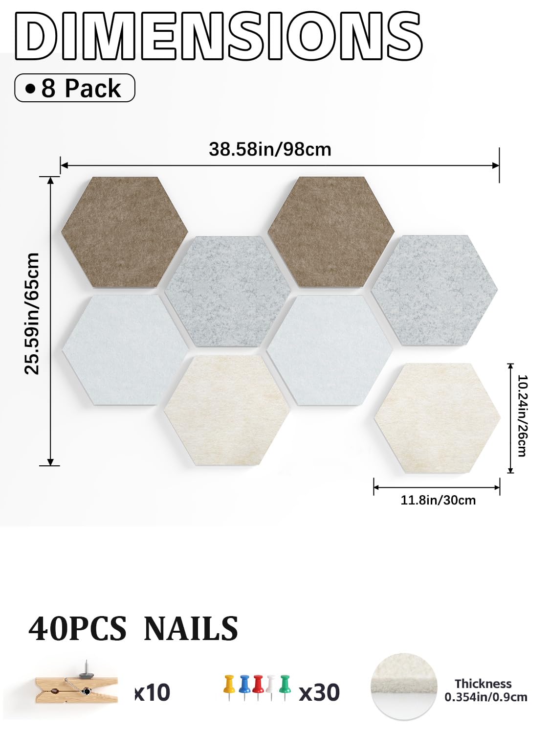 Uoisaiko 8 Pack Hexagon Felt Bulletin Board Tiles - 12" Large Thick Pin Board for Walls with 30 Push Pins, DIY Boards for Office Home School Decor, Aesthetic Hex Cork Board Alternative
