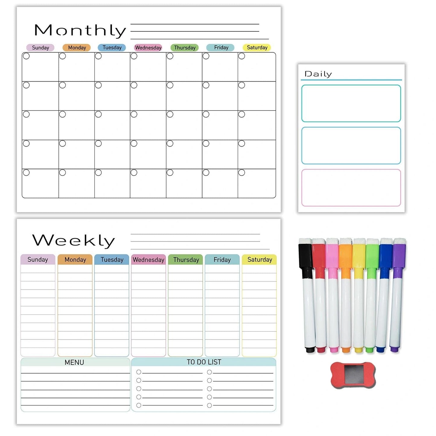 Hivillexun Magnetic Dry Erase Calendar for Fridge - 3 Pack Monthly, Weekly & Daily Planner Set (14"x11"), Includes 8 Ultra-Fine Tip Magnetic Markers & Large Bone Eraser, Reusable Whiteboard