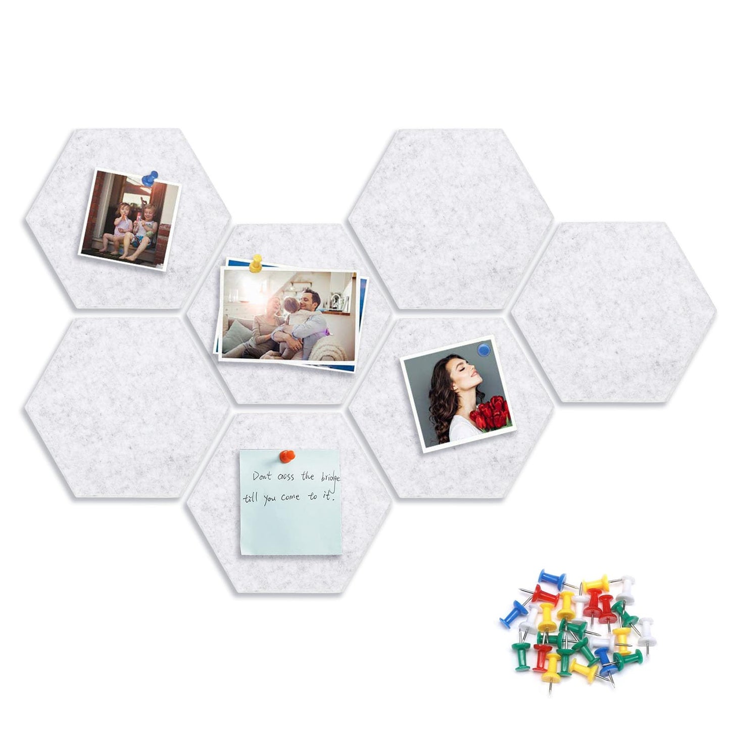 8 Packs Hexagon Felt Pin Board, 12" Bulletin Board with 30 Push Pins, Felt Board for Home Kitchen Office Decor, Self-Adhesive Corkboard Tiles for Walls School Message Photos Memos-Gray