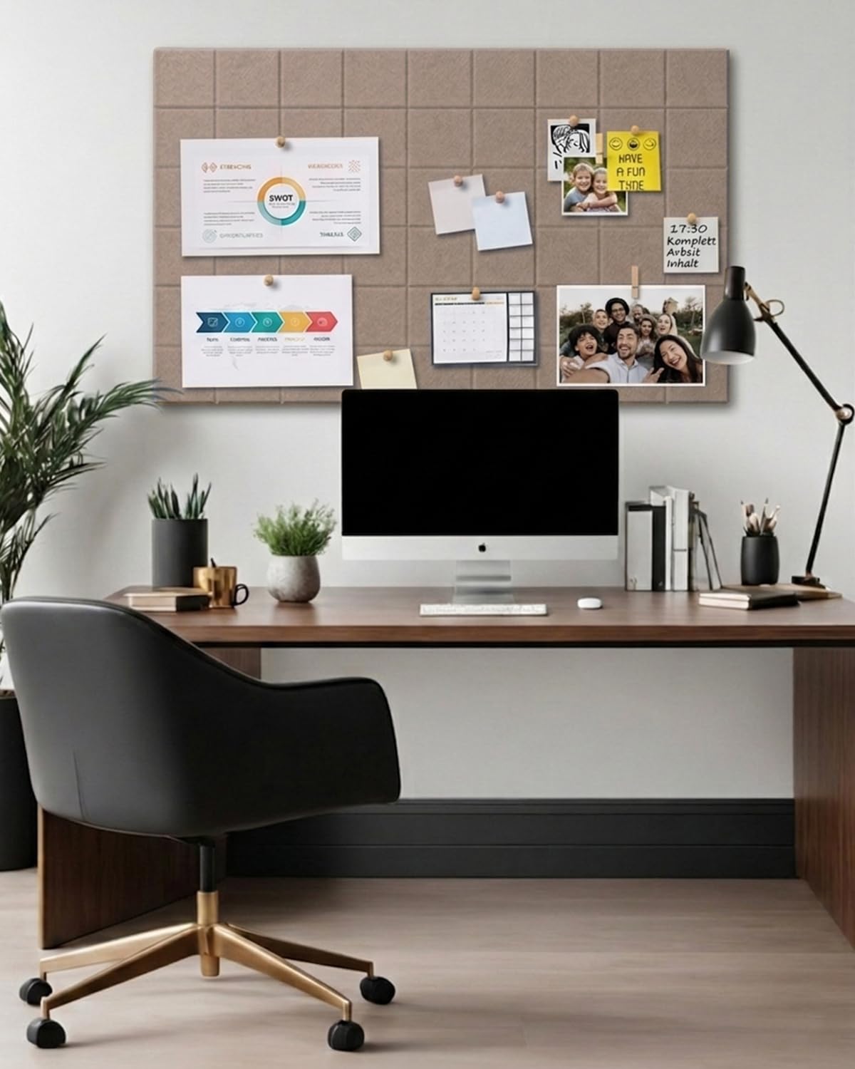 Large Felt Bulletin Board - 36" x 24" Self-Adhesive Felt Wall Tiles, Cork Boards Alternative, 6 Pack with 30 Wooden Push Pins, Cork Board for Walls, Office, Home & Classroom Decor, Pin Board - Camel