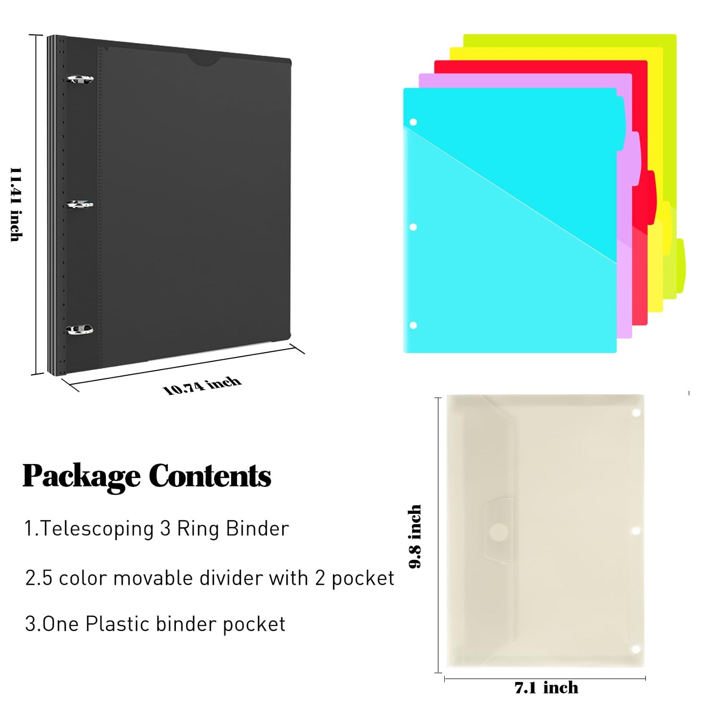 INFUN 1 Inch 3-Ring Telescoping Project Organizer Binder,13 Pocket, Customizable Front Cover, 5 Colors Pocket Divider and Plastic Binder Pocket，225 Sheet Capacity-Black