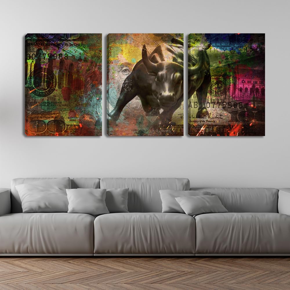 3 Pieces Bull Motivational Wall Art Canvas Poster Print Office Wall Decor Inspirational Entrepreneur Quotes Wall Art Poster Prints Picture Framed Decoration - 36" Wx 16" H