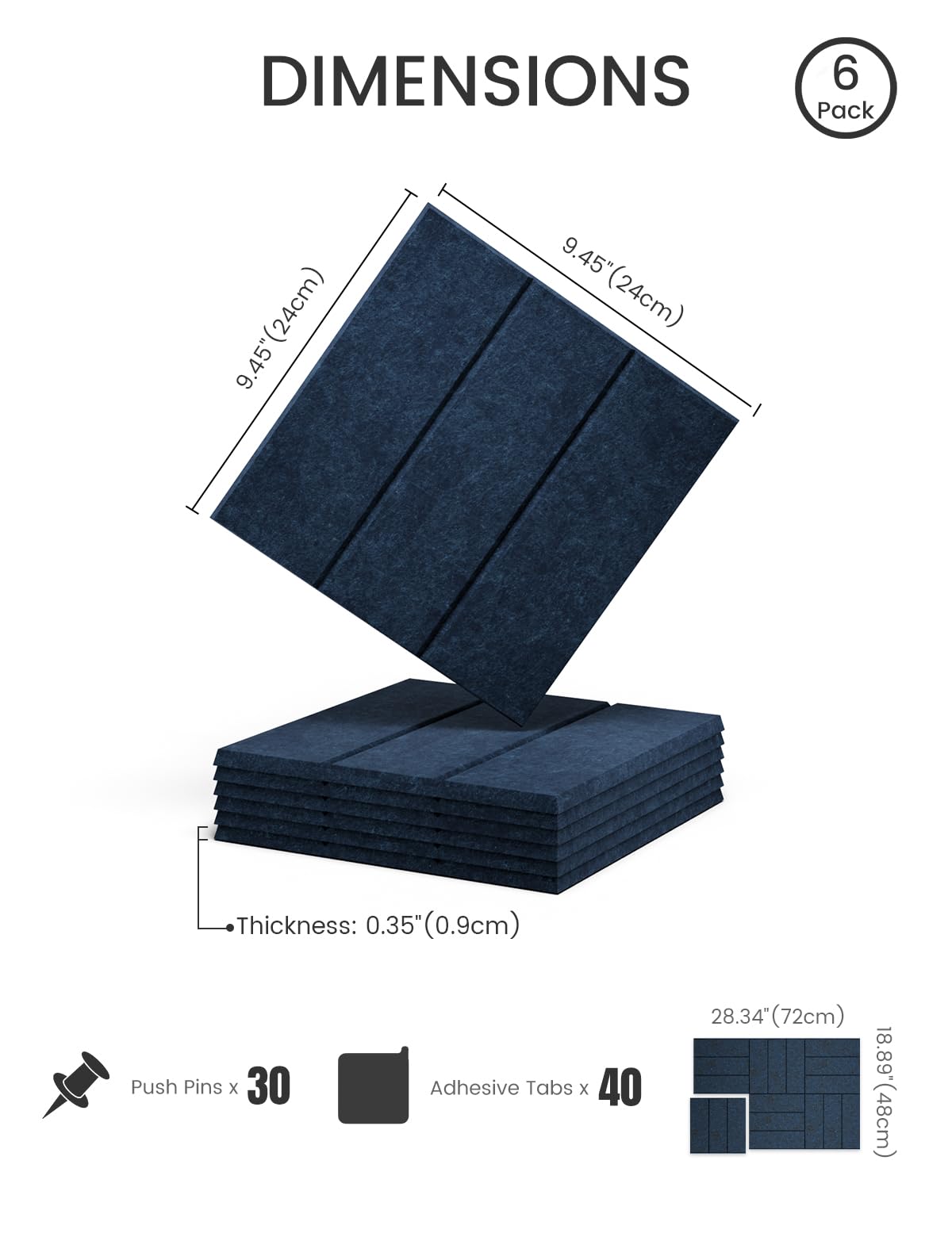 Felt Bulletin Board Tiles -28"x18" with 40 Adhesive Tabs, Cork Board Alternative for Office Decor, Push Pin Board Wall Organizer 6-Pack (Carbon Blue)