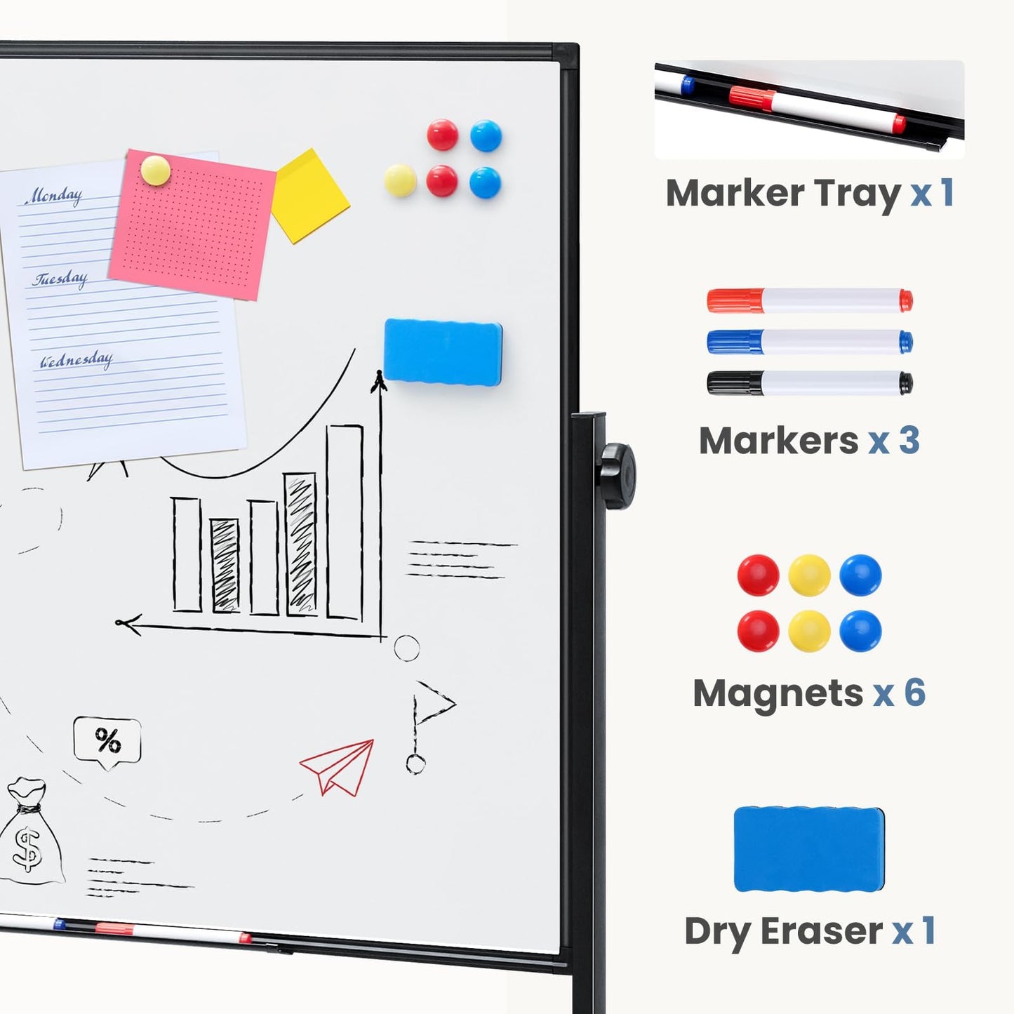 DUMOS Rolling Whiteboard Double Sided 46 x 32 Inches, Magnetic White Board Dry Erase on Wheels, Dry Erase Board with Stand for School, Office and Home, Silver Aluminium Frame, Black
