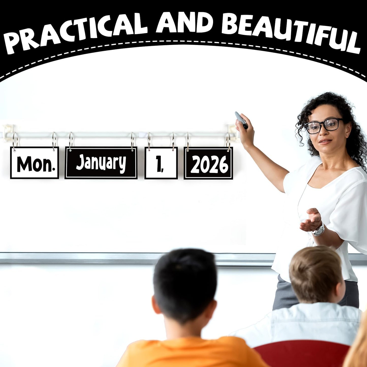 Black White Flip Calendar Bulletin Board Set Black Calendar for Classroom Whiteboard Decor with 2026 to 2030 Years Date Cards and Adjustable Rod for Home Elementary Back to School Teacher Supplies