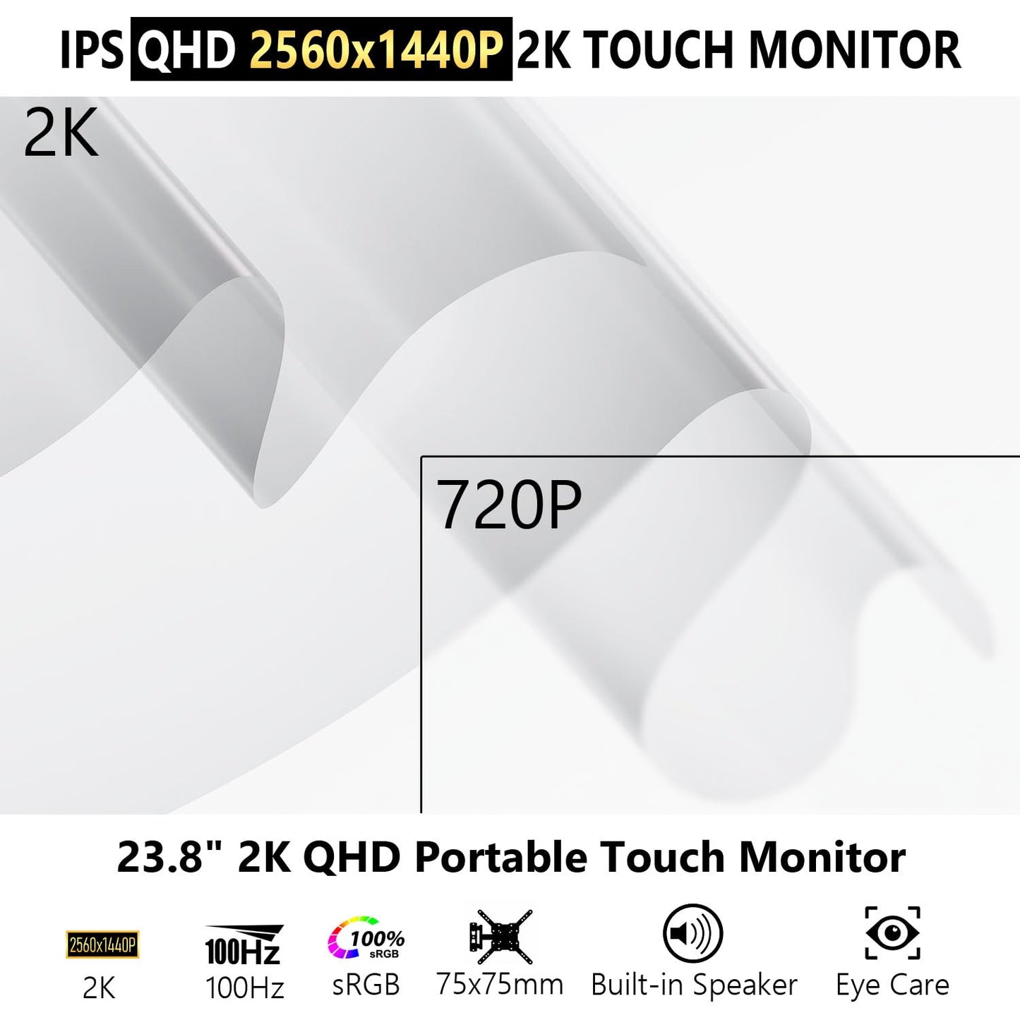 Prechen 23.8 Inch 2K 100Hz Large Portable Touchscreen Monitor 100% sRGB IPS Portable Touch Display QHD w/90° Adjustable Stand USB-C HDMI Laptop Monitor Desktop 2560X1440