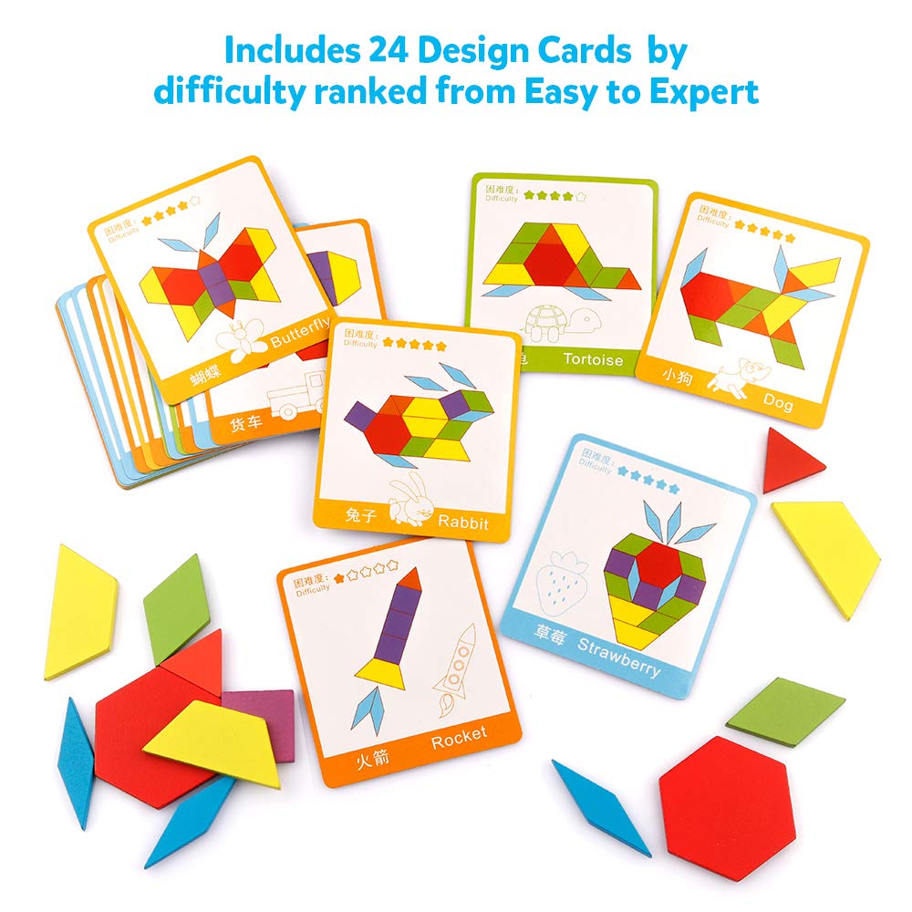 Coogam Wooden Pattern Blocks Set 130PCS Geometric Color Shape Manipulative Puzzle – Graphical Montessori Tangram Early Learning Educational Toys Brain Teasers STEM Gift for Kids with 24 Design Cards