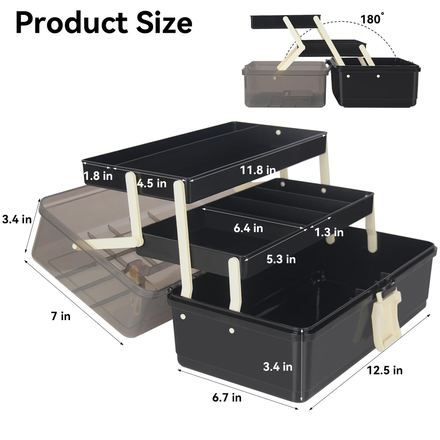 WEWLINE 13-Inch Art Storage Box 3-Layers Plastic Storage Box with Handle Craft Art Bin Portable for Home School Office Travel, Black