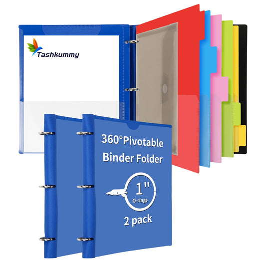 Tashkummy 360° Pivotable Project Organizer Binder, 2 Pack Upgraded 3 Ring Binder with Colored Tab Dividers with Pockets, Customizable Cover Multi Pocket Folder Binder for Home, School, Office- Blue