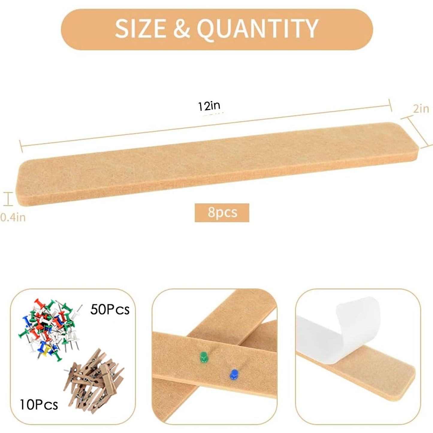 Vuzvuv 8 pcs Bulletin Board Bar Strips with 50 Pushpins & 10 Wooden Clip pins，Self Adhesive Cork Board for Wall，Felt Pin Board for School，Office Decor(Camel-Brown)