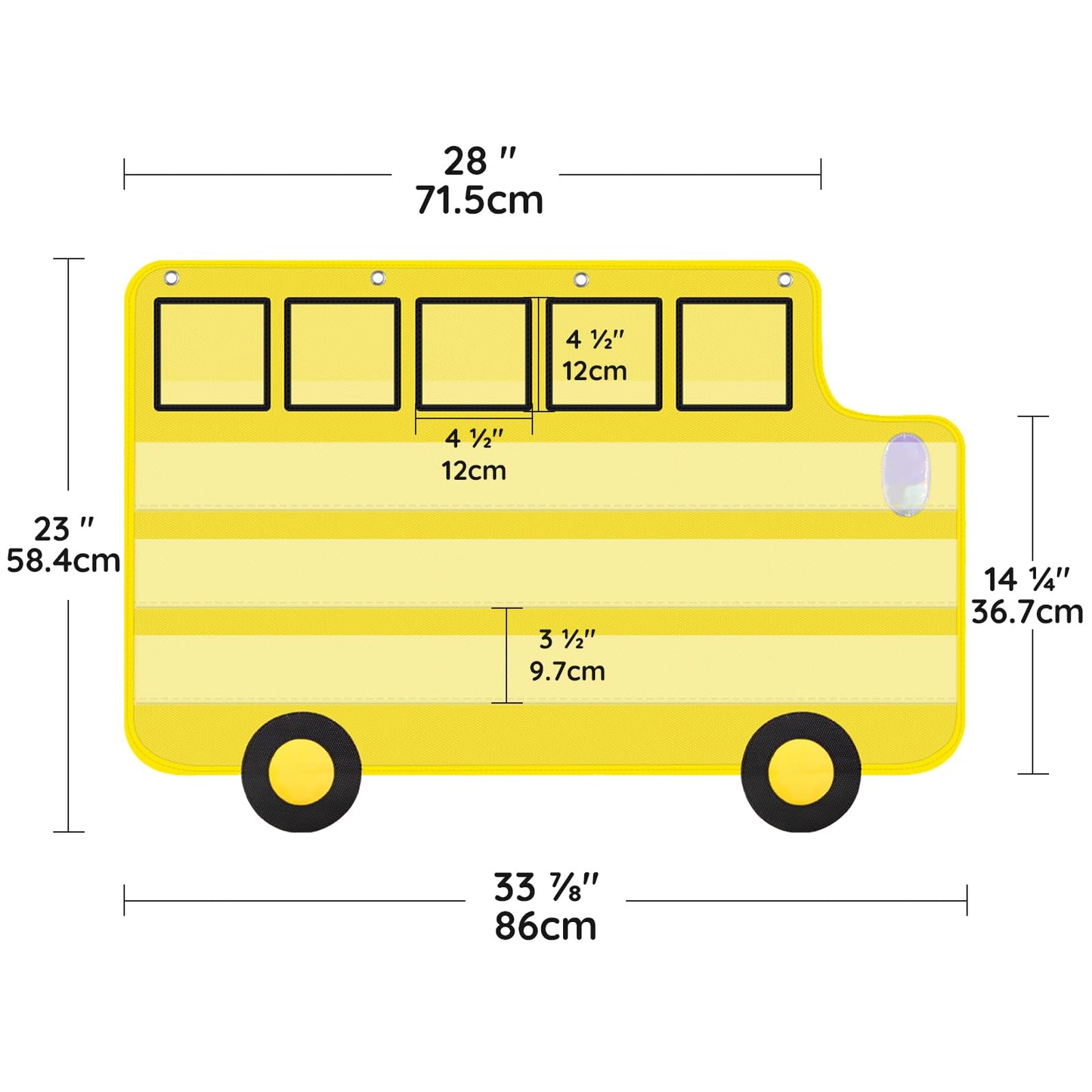 Pocket Chart for Classroom, 33 ⅞ " x 22" Large School Bus Shaped Pocket Charts for Kids, Back to School Supplies, Classroom Decor Hanging Pocket Charts with 8 Sentence Strips Holder (Yellow)