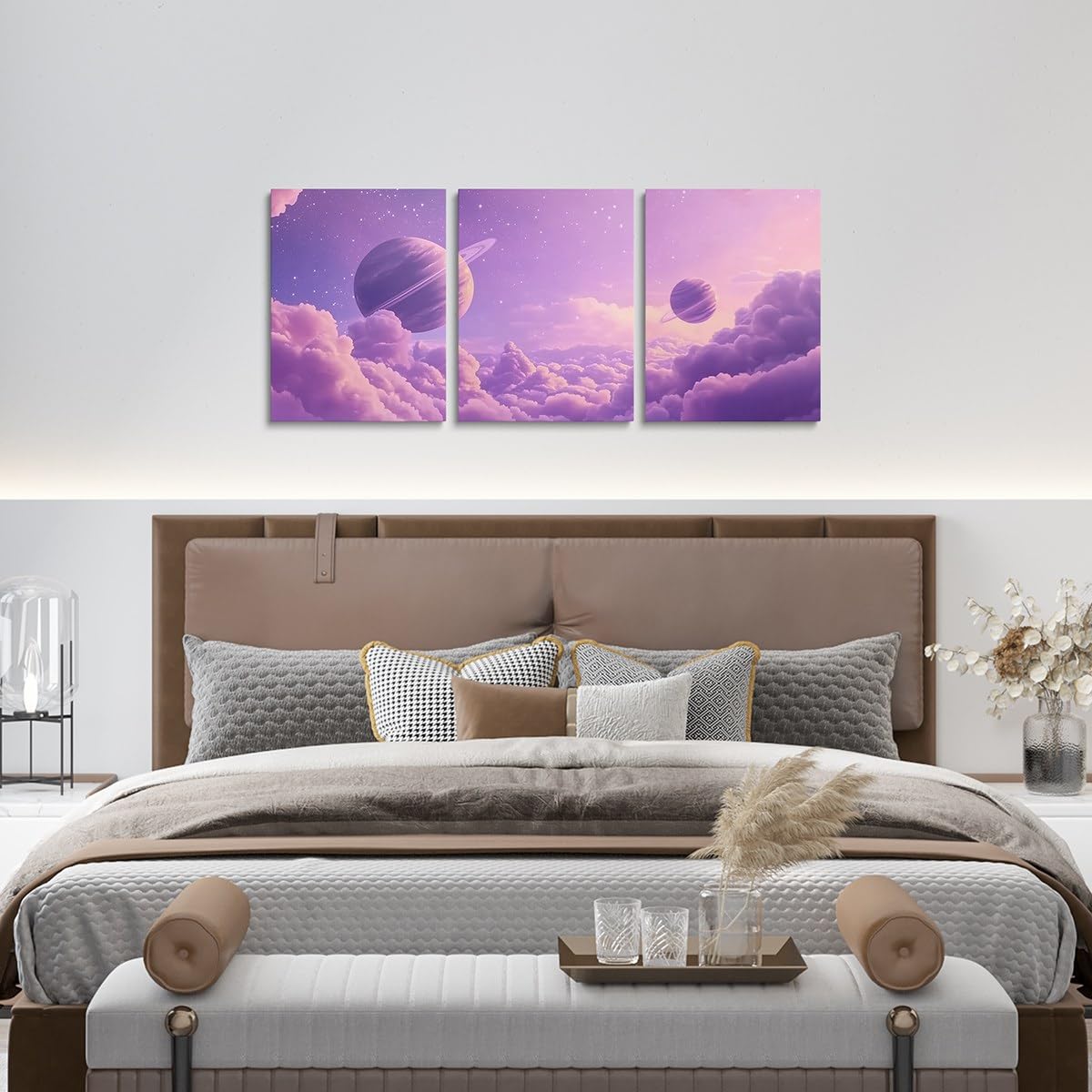 Feelyou Purple Galaxy 3 Piece Canvas Wall Art for Living Room Bedroom Starry Solar System Wall Art for Home Decor 3D Printed Space Office Decor Artwork Dreamy Nebula Picture Painting Posters