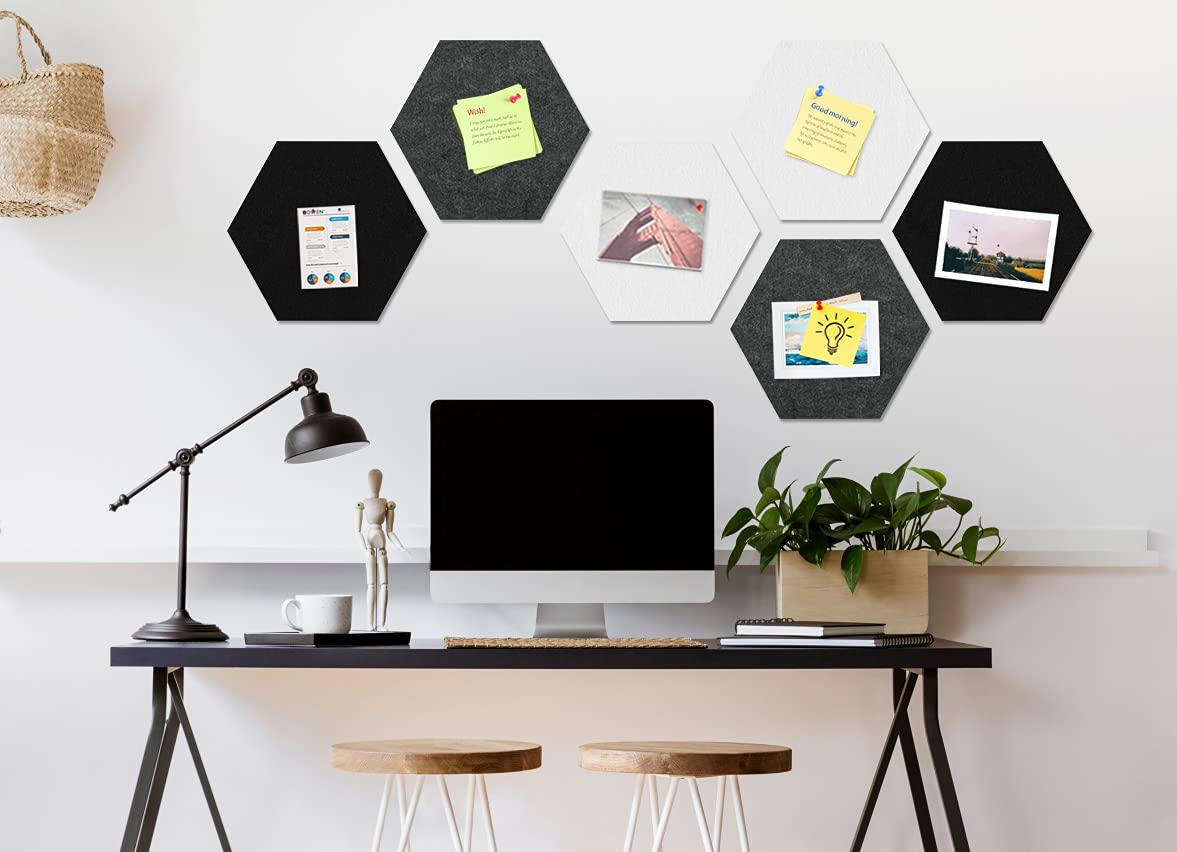 Uoisaiko 8 Pack Hexagon Felt Bulletin Board Tiles - 12" Large Thick Pin Board for Walls with 30 Push Pins, DIY Boards for Office Home School Decor, Aesthetic Hex Cork Board Alternative