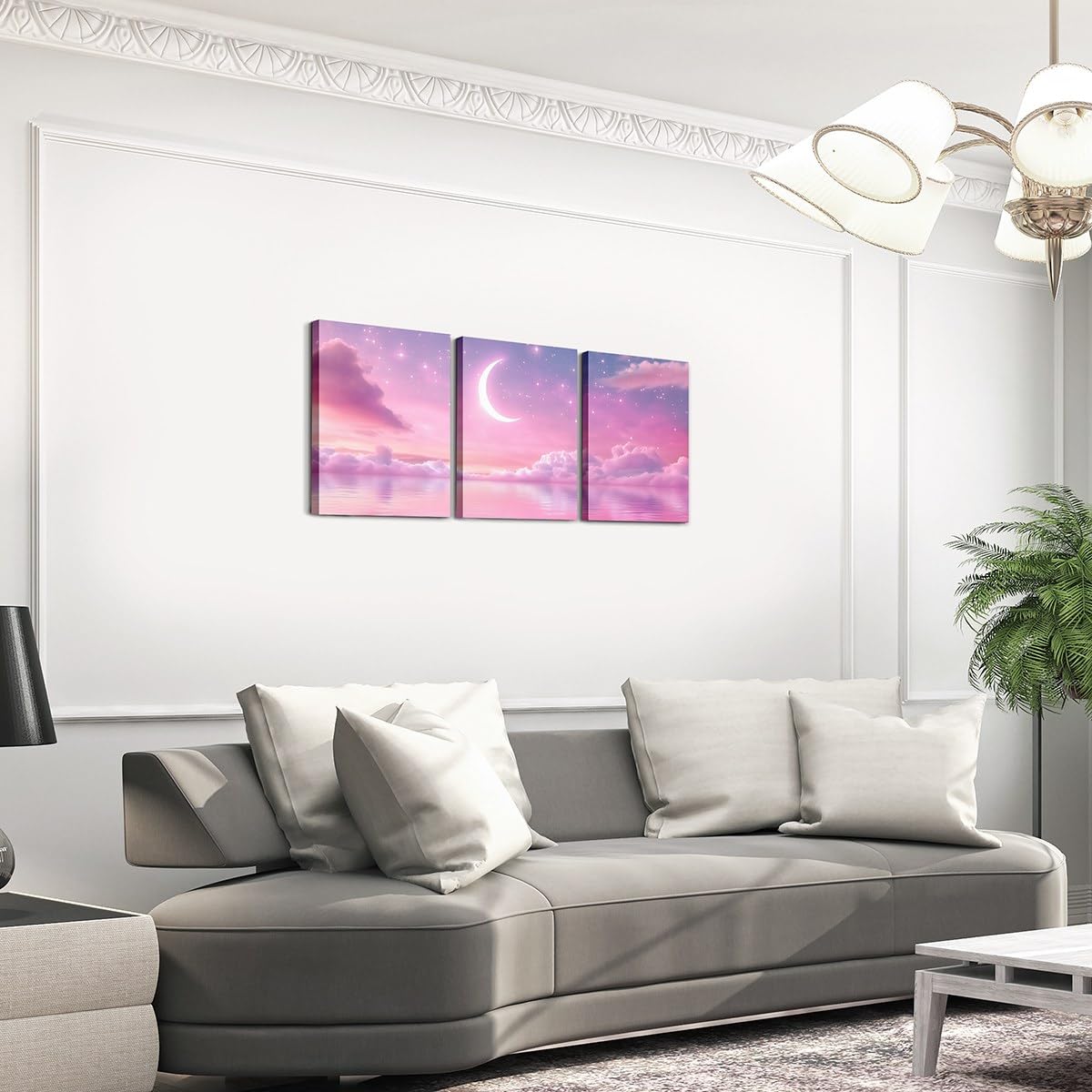 Feelyou Pink Galaxy 3 Piece Canvas Wall Art for Living Room Bedroom Starry Moon Wall Art for Home Decor Dreamy Nebula Office Decor Artwork Outer Space Picture Painting Posters