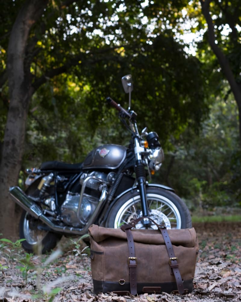 Trip Machine Company Outlaw Leather Motorcycle Saddlebag – 17L Roll Top Luggage Bag with Mounting Straps, Shoulder Strap & Waterproof Rain Cover (Dark Brown/Tobacco)