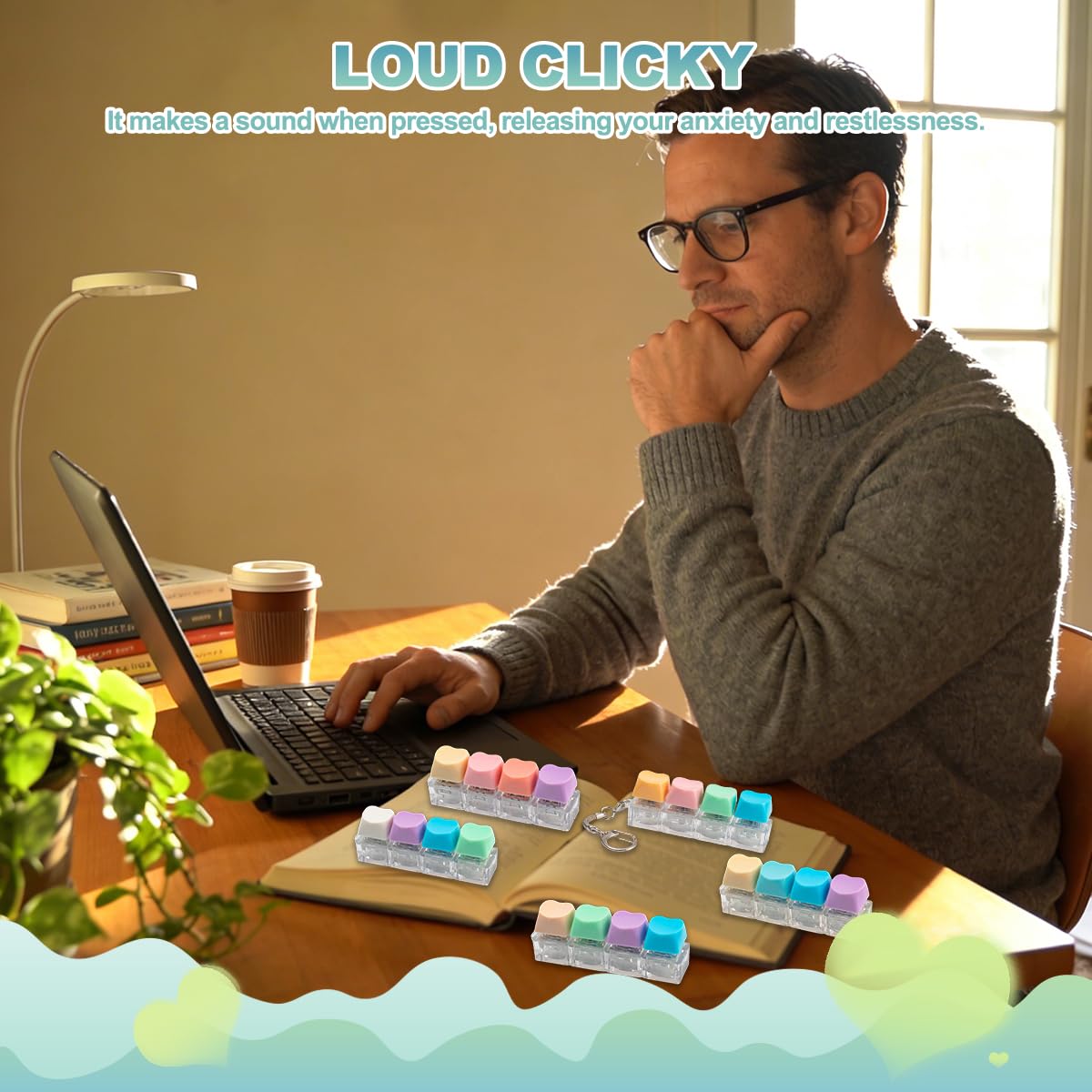 5Pcs Keyboard Fidget Toy, Cute Loud Fidget Keyboard Keychain 4-in-1 Keyboard Clicker Fidget Toy Stress Relief, Colorful Button Fidget Sensory Fun Toys for Anxiety Decompression (Heart)