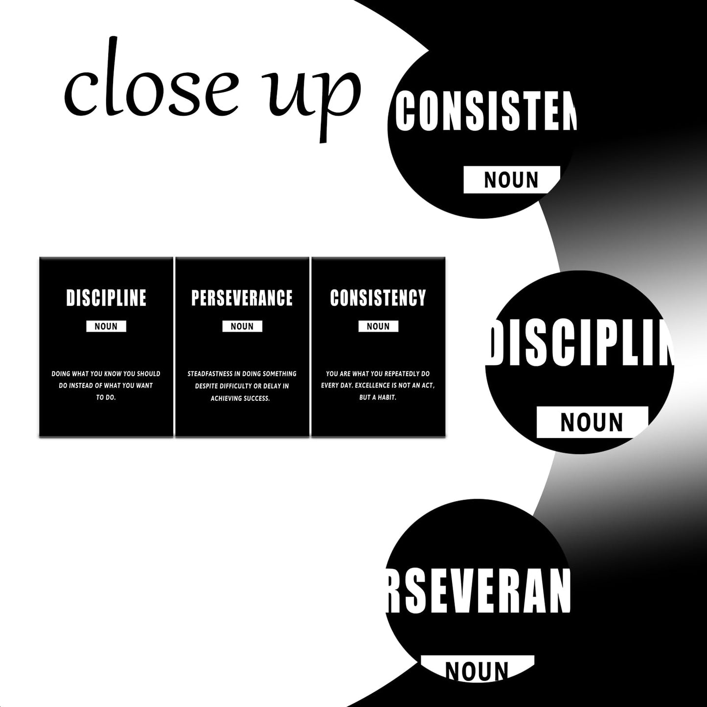 PSYYSP 3 Piece Canvas Wall Art Perseverance Discipline Consistency Posters, Black White Motivational Triptych Wall Decor for Office, Bedroom, Dorm, Framed Canvas 36x16inch