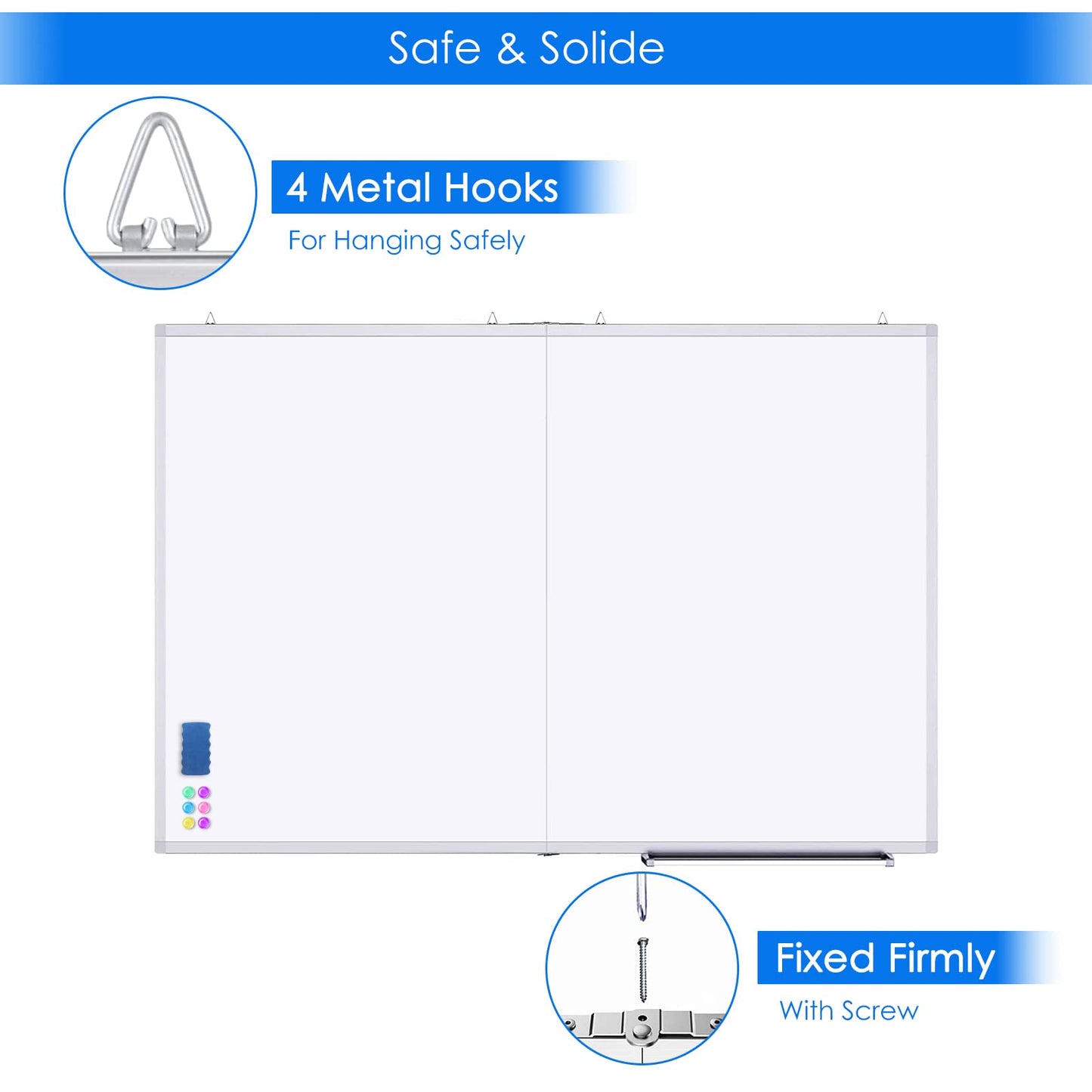 White Board Dry Erase 60 x 36，maxtek Large Magnetic Whiteboard 5' X 3' Dry Erase Board Foldable with Long Marker Tray for Wall-Mounted Aluminum Memo Board Supplies for Class Office & Home