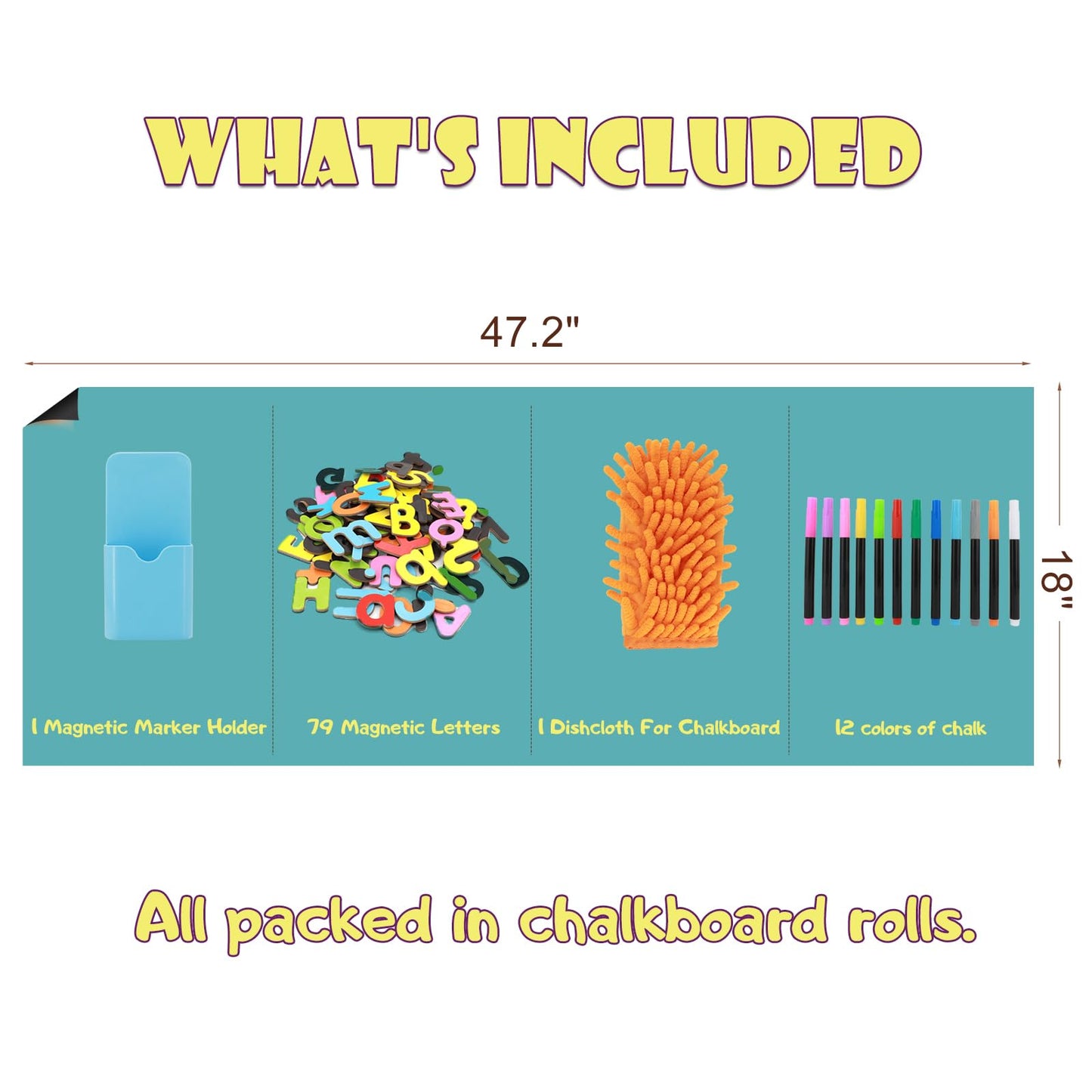 Magnetic Chalkboard Contact Paper for Wall, Self-Adhesive Magnet Wall Sheet with 79 Magnete Letters and 12 Colors Chalk Markers, Magnetic Wallpaper Stickers (Celadon, 47.2“x18)