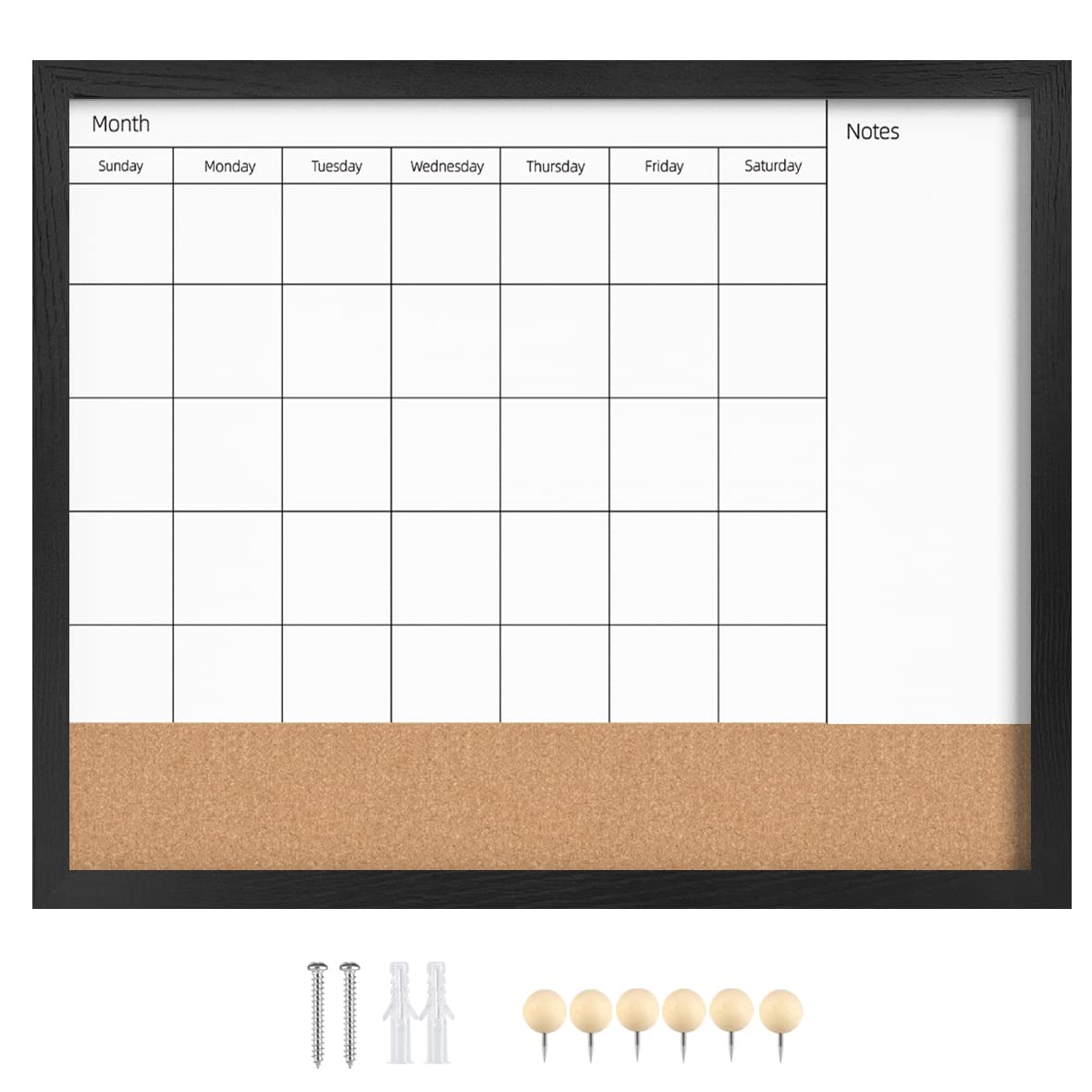 Dry Erase Calendar Whiteboard for Wall, 17.7" x 21.6" Combination Magnetic Dry Erase White Board & Bulletin Board, Black Frame Calendar/Cork Combo Board (BK-4555-B)