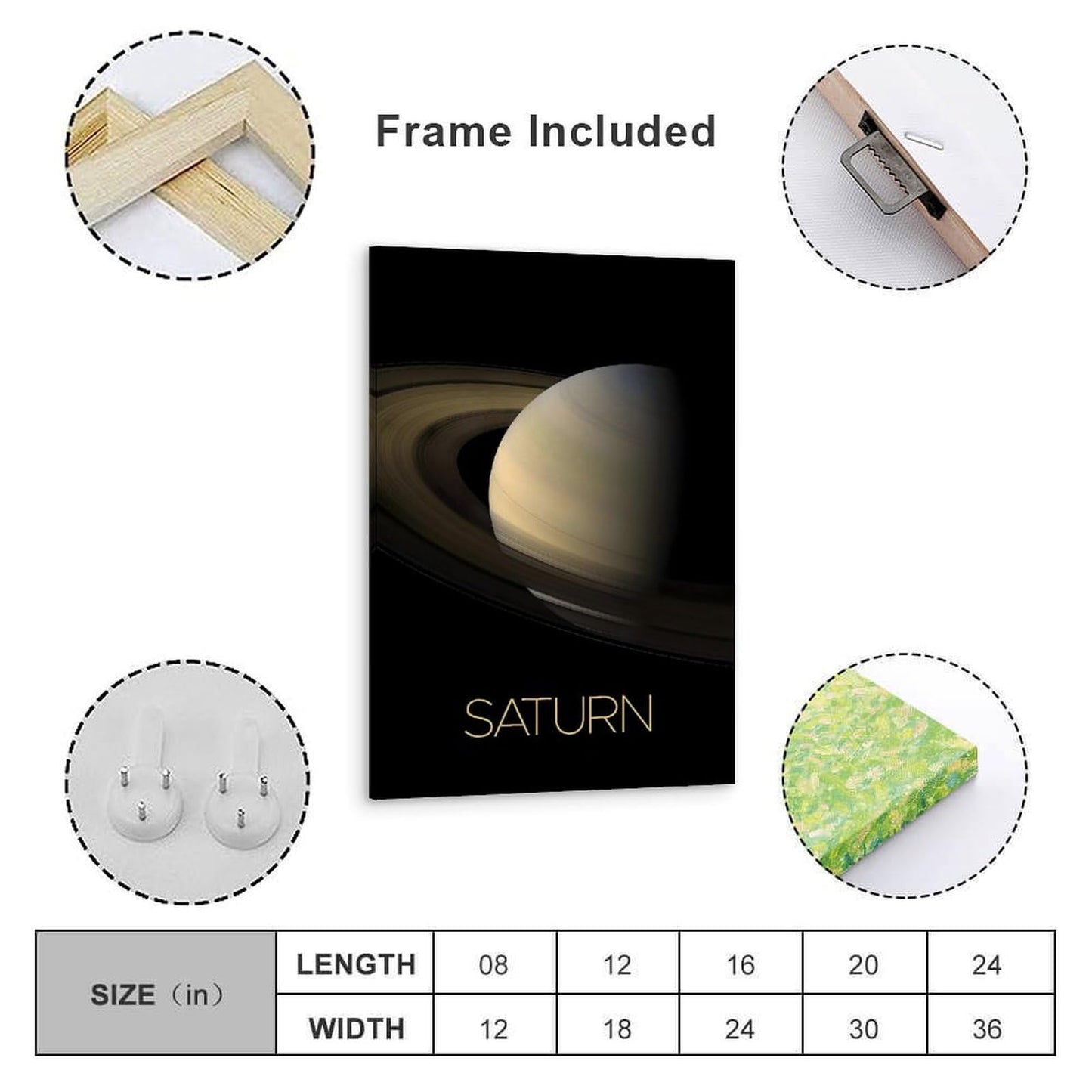 Solar System Planets Canvas Wall Art - Saturn Planet Space Poster for Kids Room Bedroom Classroom, STEM Educational Astronomy Decor, Science Gift for Boys Girls, 12x18 Inch Framed