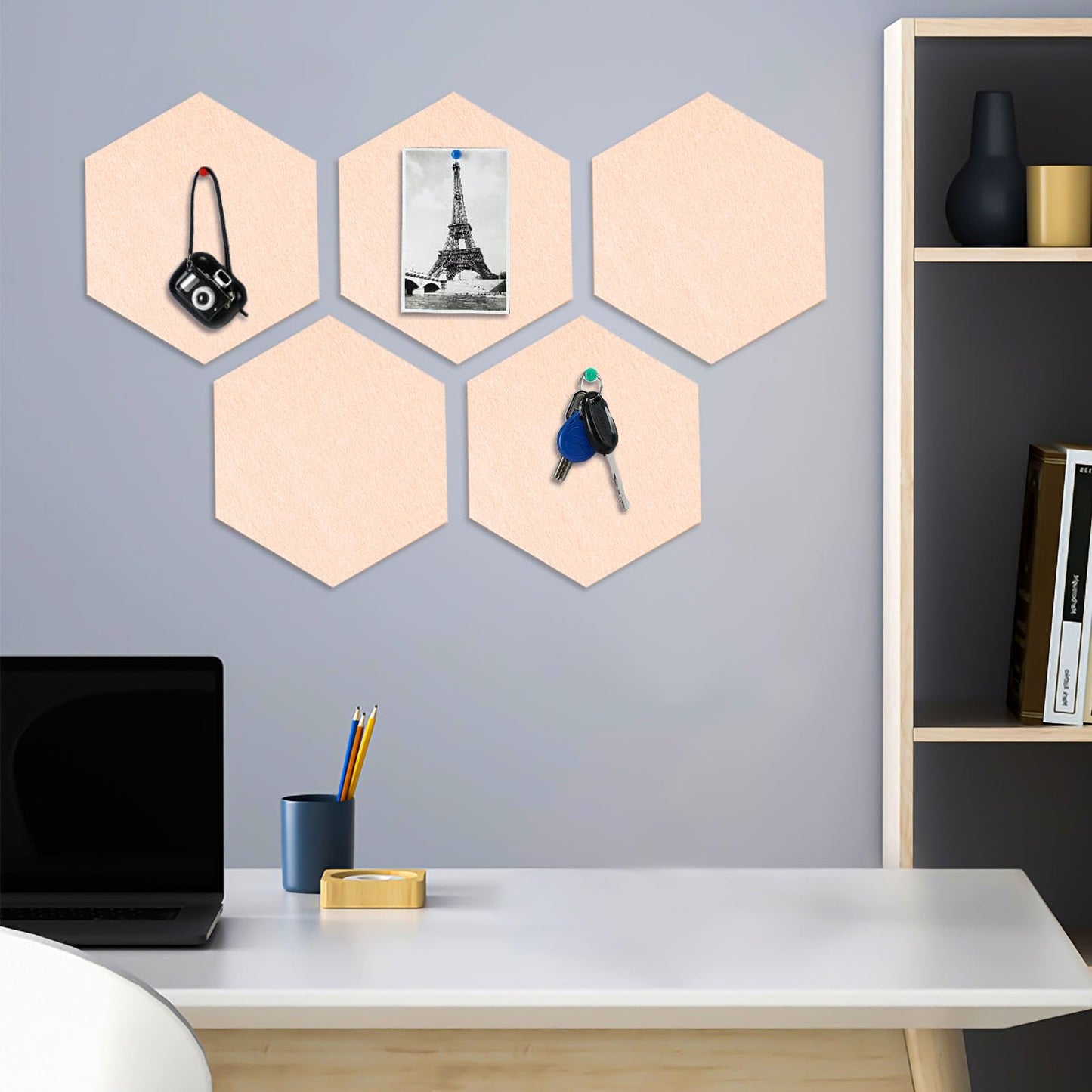 8 Packs Champagne Hexagon Felt Pin Board, 12" Bulletin Board with 30 Push Pins, Felt Board for Home Kitchen Office Decor, Self-Adhesive Corkboard Tiles for Walls School Message Photos Memos