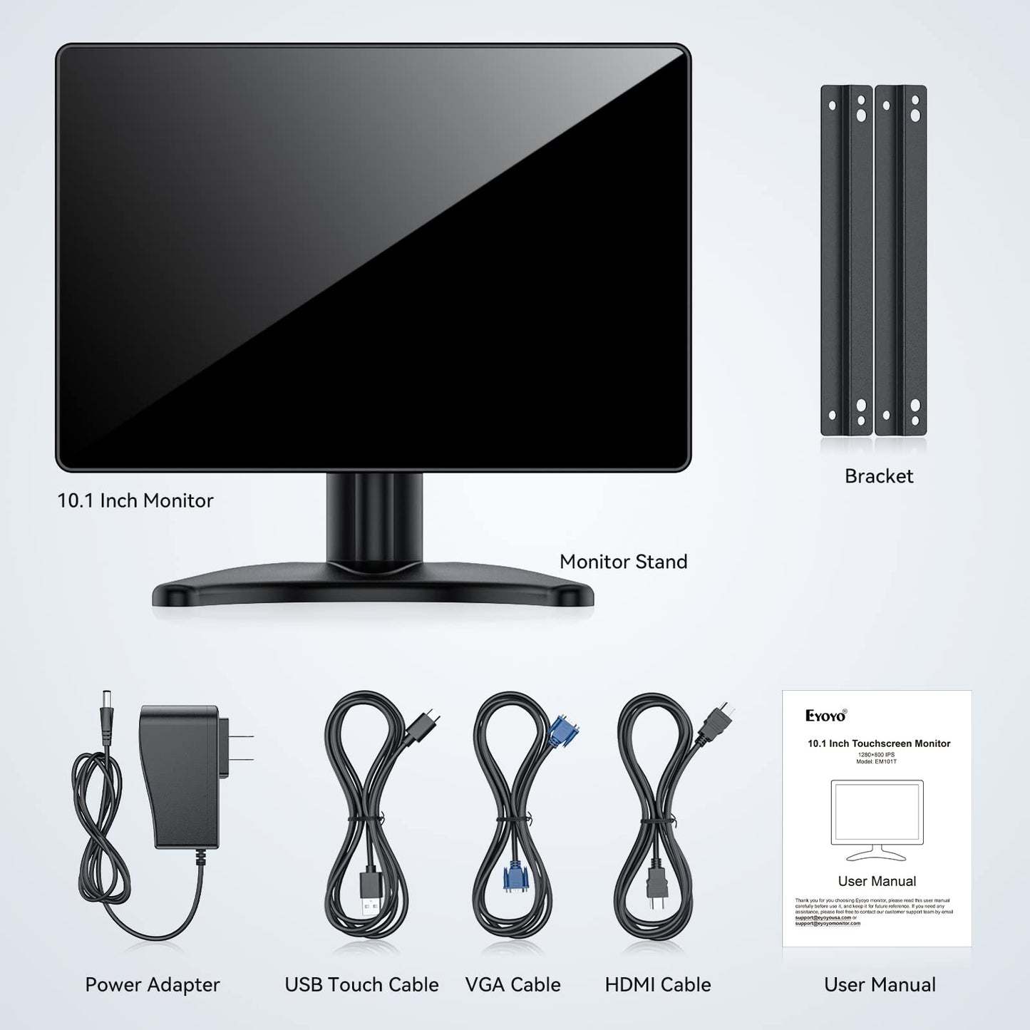 Eyoyo 10.1-inch Small Touchscreen Monitor: 1280x800 IPS Display, 10-Point Touch, HDMI VGA AV Input, Built-in Speakers, Metal Case, VESA 75x75, Touch Screen Monitor for Raspbery Pi, PC, CCTV, POS