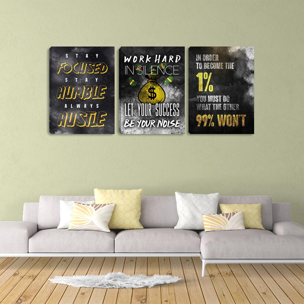 Modern Motivational Success Quotes Wall Art Canvas Art 3 Piece Black Wall Art Inspiring Entrepreneur Hustle Poster Prints Wall Decor Office Wall Decorations Framed Posters for Office(36''Wx 16''H)
