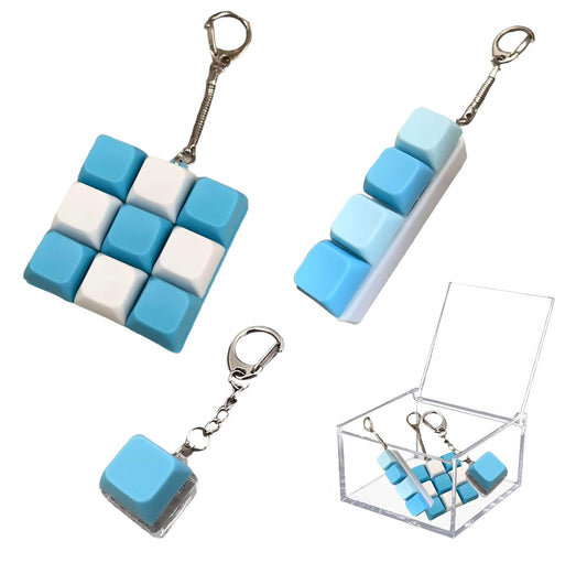 3 Pcs Keyboard Fidget Clicker Stress Relief Toys Keychain– Button Press Fidget Set for Stress Relief & Relaxation (9 Keys + 4keys + 1key Blue White)