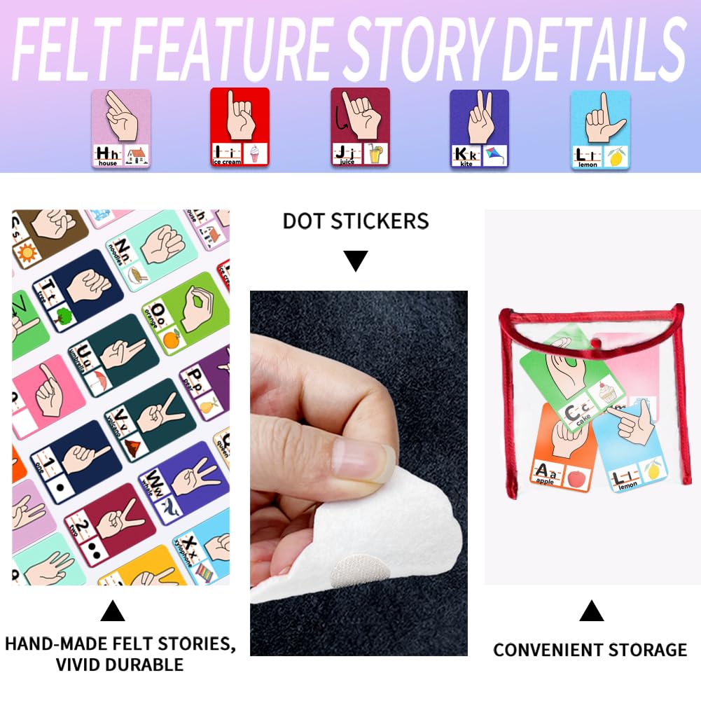 BEUNITONE 74 Pcs Sign Language Felt Pieces Set Alphabet Number Learning ABC Alphabet Poster Classroom Decor Sign Language Felt Board Letters Preschool Felt Story Board Pieces for Early Learning