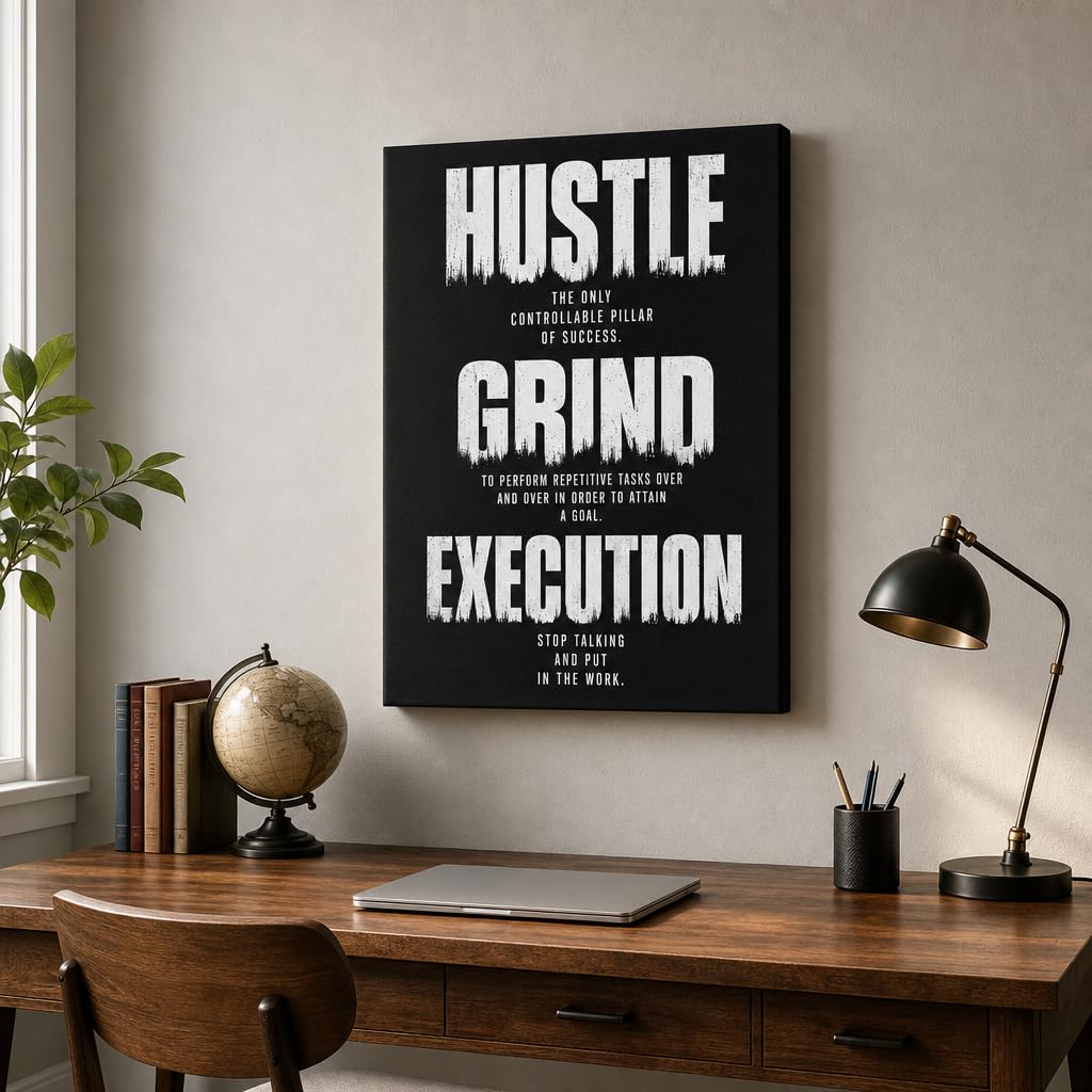 DINGFUN Inspirational Poster for Office Canvas Wall Art, Hustle Grind Execution Quote Print, Black Motivational Decor for Home Office Dorm Gym Classroom, Single Panel Wall Decor 24x18inch