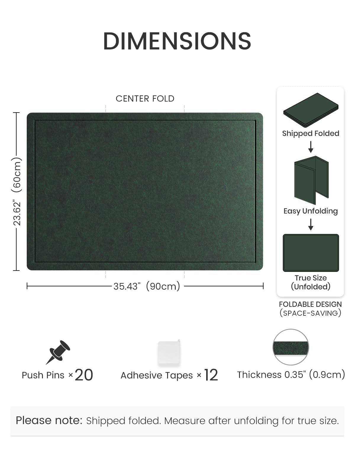 Fluxynara Bulletin Board,35.4" x 23.6" Cork Board Alternative with 12 Safe Removable Adhesive Tabs, Foldable Felt Pin Board for Home Office, Classroom, Bedroom,Entryway for Walls—Pine Green