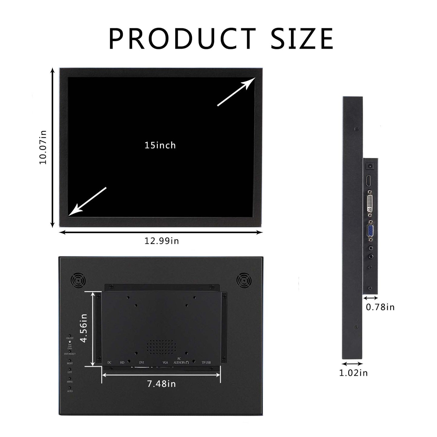 VSDISPLAY 15 Inch 1024x768 IPS LCD Monitor 4:3 Aspect Ratio Display with Metal Housing,Supports VGA/DVI Input,for Industrial/Gaming Extra Monitor