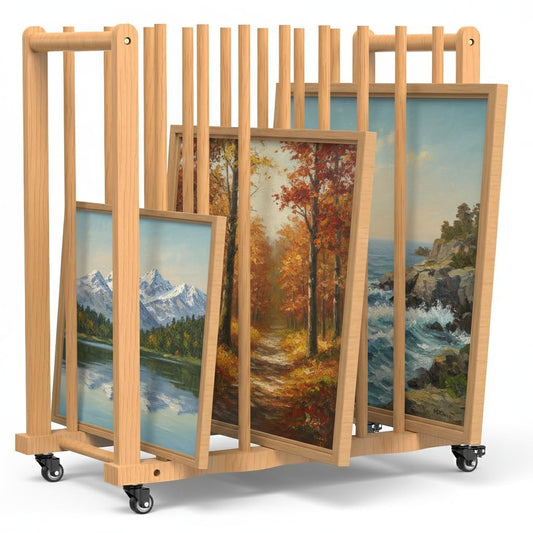 BERPET Wood Art Drying Rack, Canvas Storage Rack with Handle and Caster Wheels for Drawing Board, Panel, Paper Pad and Art Studios, Artworks, Gallery